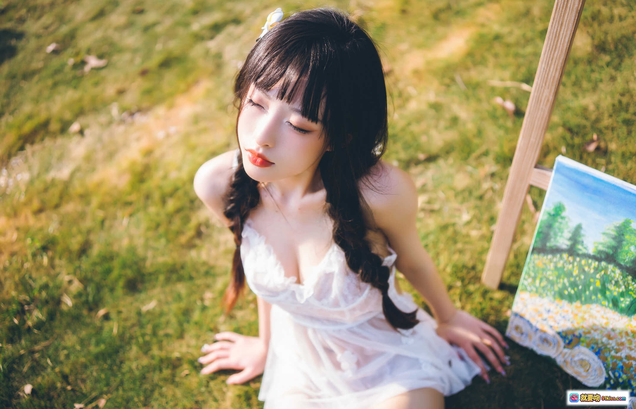 图片[7] - 清水由乃NO.020 田园风蕾丝裙写真 65P高清美图 白色透视吊带裙 双麻花辫少女 日系清新风格 木屋背景自然光拍摄 - 就要吻