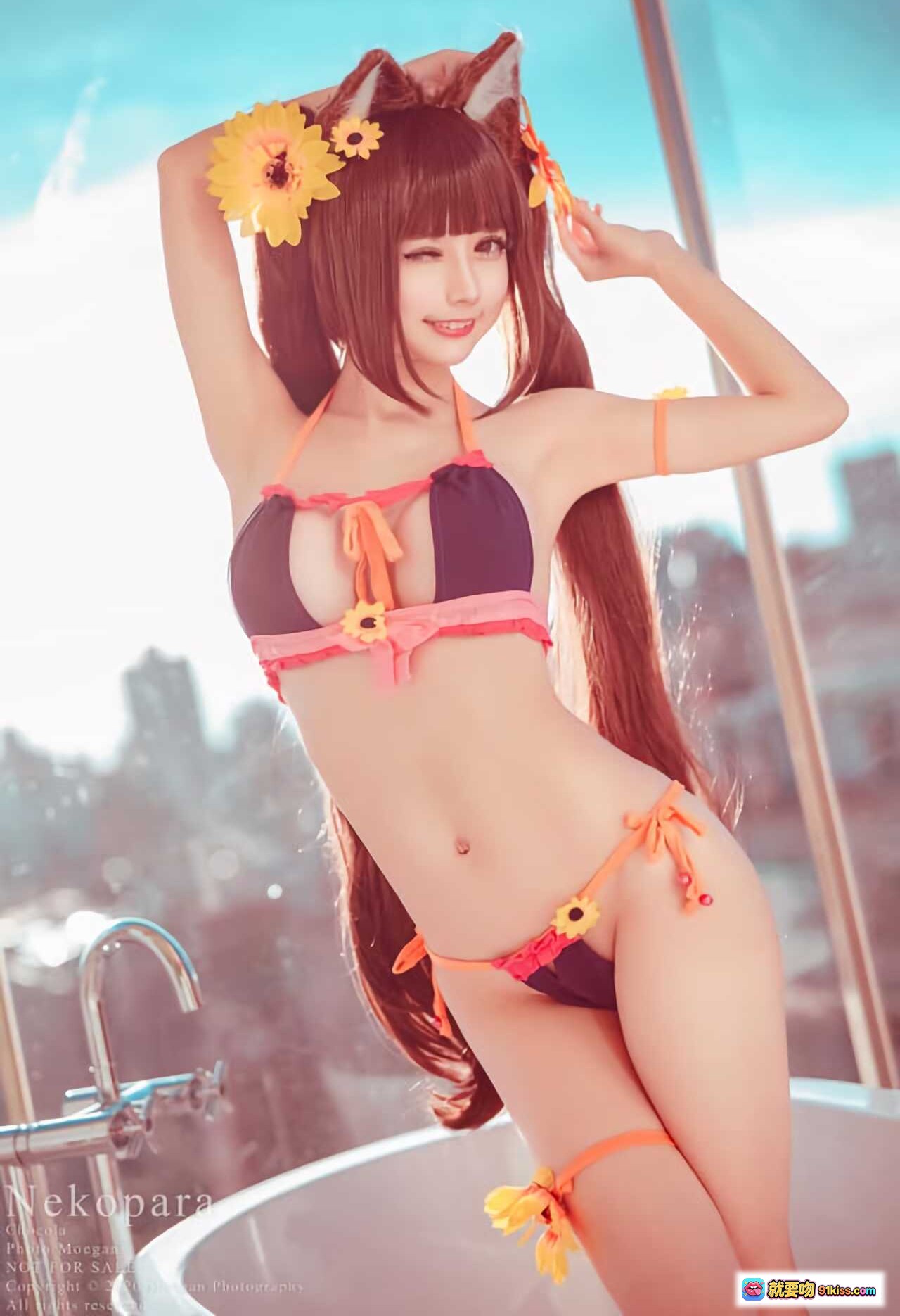 图片[1] - 冲田凛花水着写真｜猫耳比基尼泳装｜向日葵装饰｜甜美少女风｜Nekopara角色扮演｜高清摄影图 - 就要吻