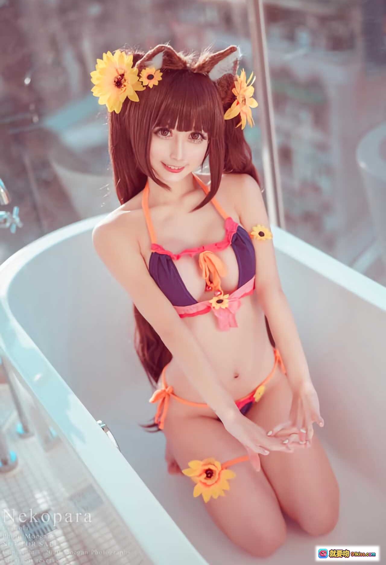 图片[8] - 冲田凛花水着写真｜猫耳比基尼泳装｜向日葵装饰｜甜美少女风｜Nekopara角色扮演｜高清摄影图 - 就要吻
