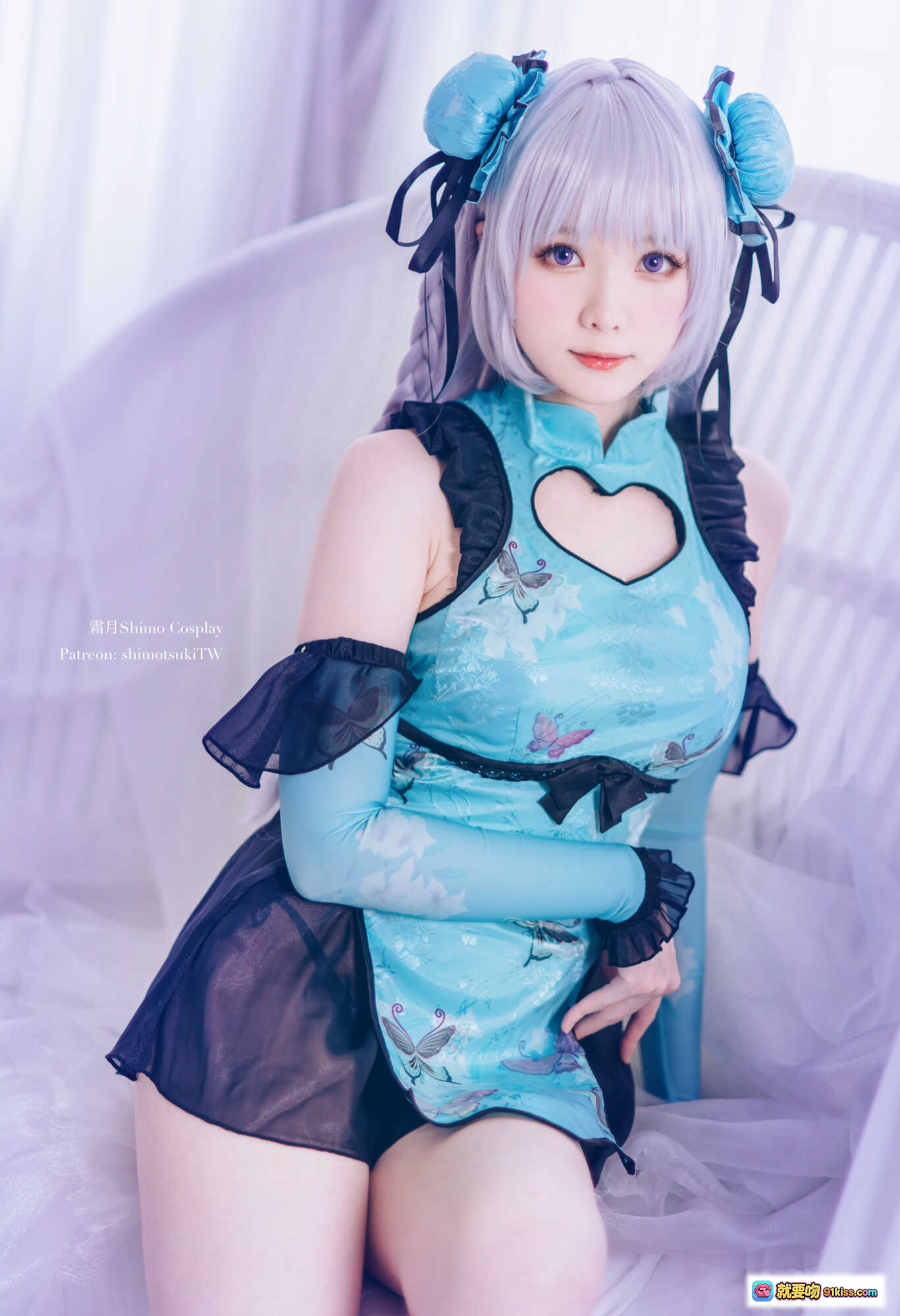 图片[9] - 霜月Shimo Cosplay黛玉艳娘幻梦谭NO.045 精致古风蓝裙黑纱透视装银发双马尾写真16P - 就要吻