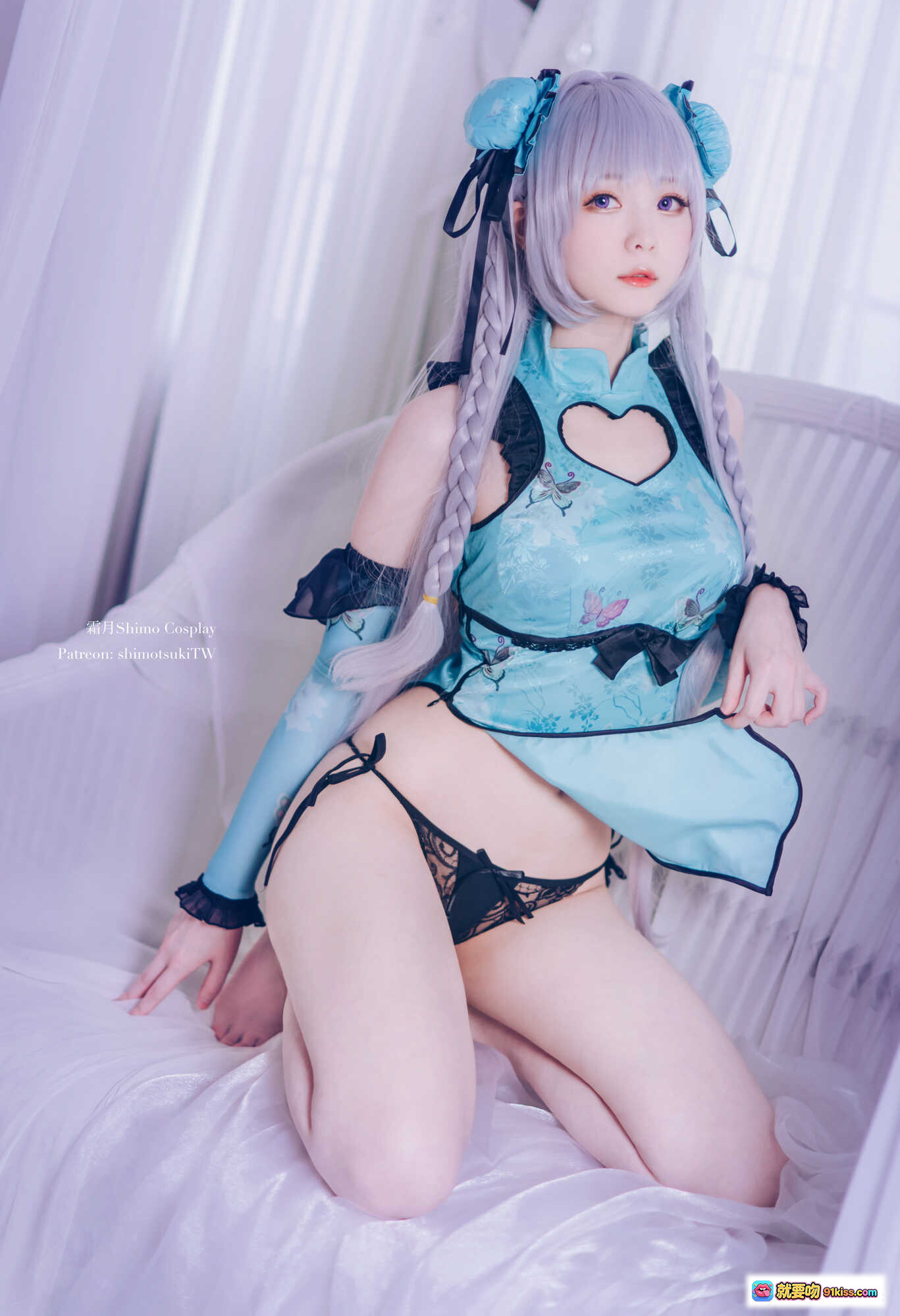 图片[4] - 霜月Shimo Cosplay黛玉艳娘幻梦谭NO.045 精致古风蓝裙黑纱透视装银发双马尾写真16P - 就要吻