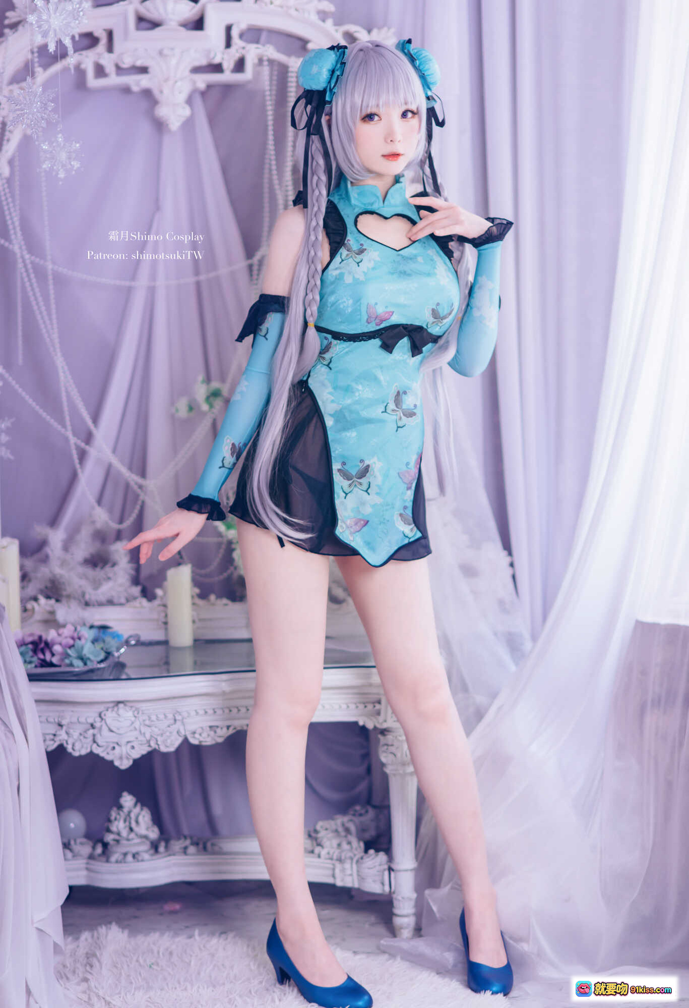 图片[8] - 霜月Shimo Cosplay黛玉艳娘幻梦谭NO.045 精致古风蓝裙黑纱透视装银发双马尾写真16P - 就要吻