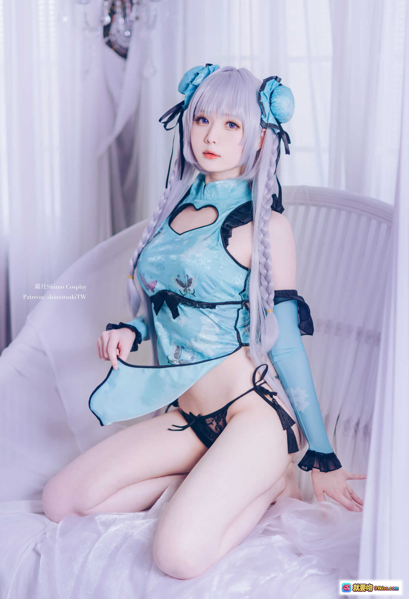 图片[3] - 霜月Shimo Cosplay黛玉艳娘幻梦谭NO.045 精致古风蓝裙黑纱透视装银发双马尾写真16P - 就要吻