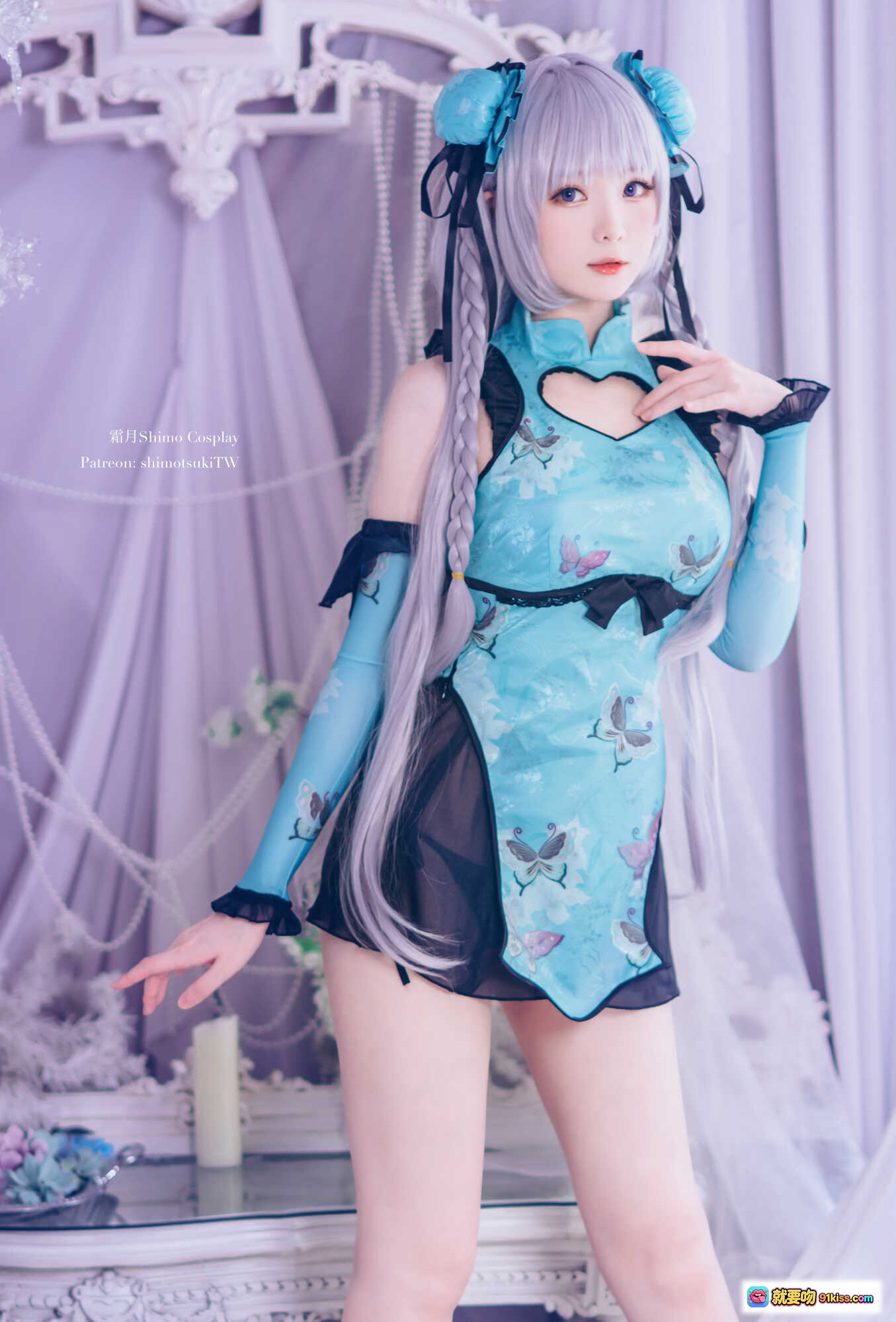 图片[7] - 霜月Shimo Cosplay黛玉艳娘幻梦谭NO.045 精致古风蓝裙黑纱透视装银发双马尾写真16P - 就要吻