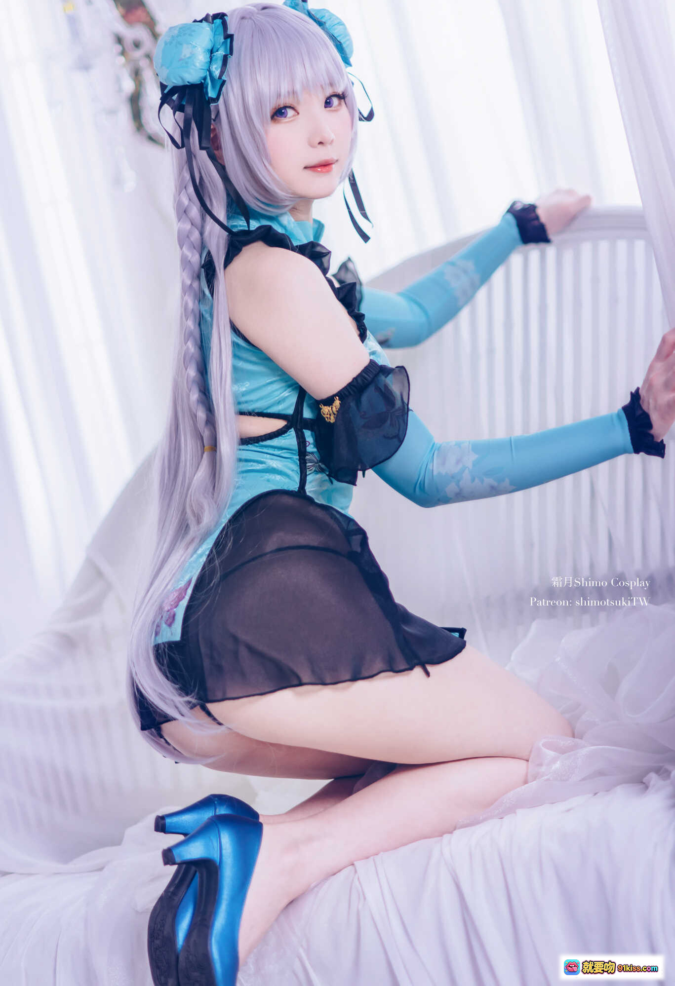 图片[5] - 霜月Shimo Cosplay黛玉艳娘幻梦谭NO.045 精致古风蓝裙黑纱透视装银发双马尾写真16P - 就要吻