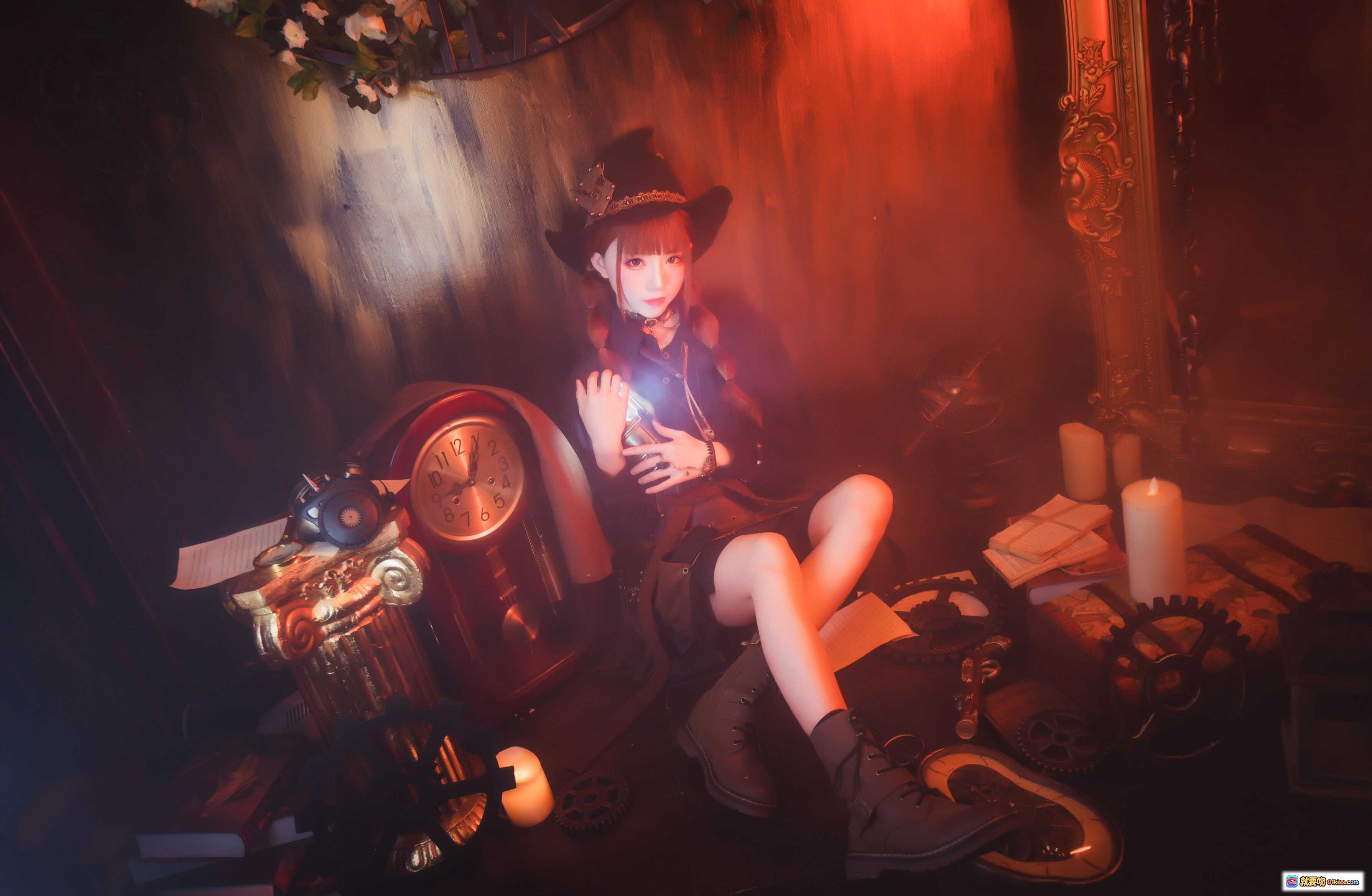 图片[5] - Kitaro绮太郎NO.085蒸汽朋克写真｜哥特女巫风造型+复古机械背景+黑猫陪伴+暗调暖光氛围感拍摄 - 就要吻