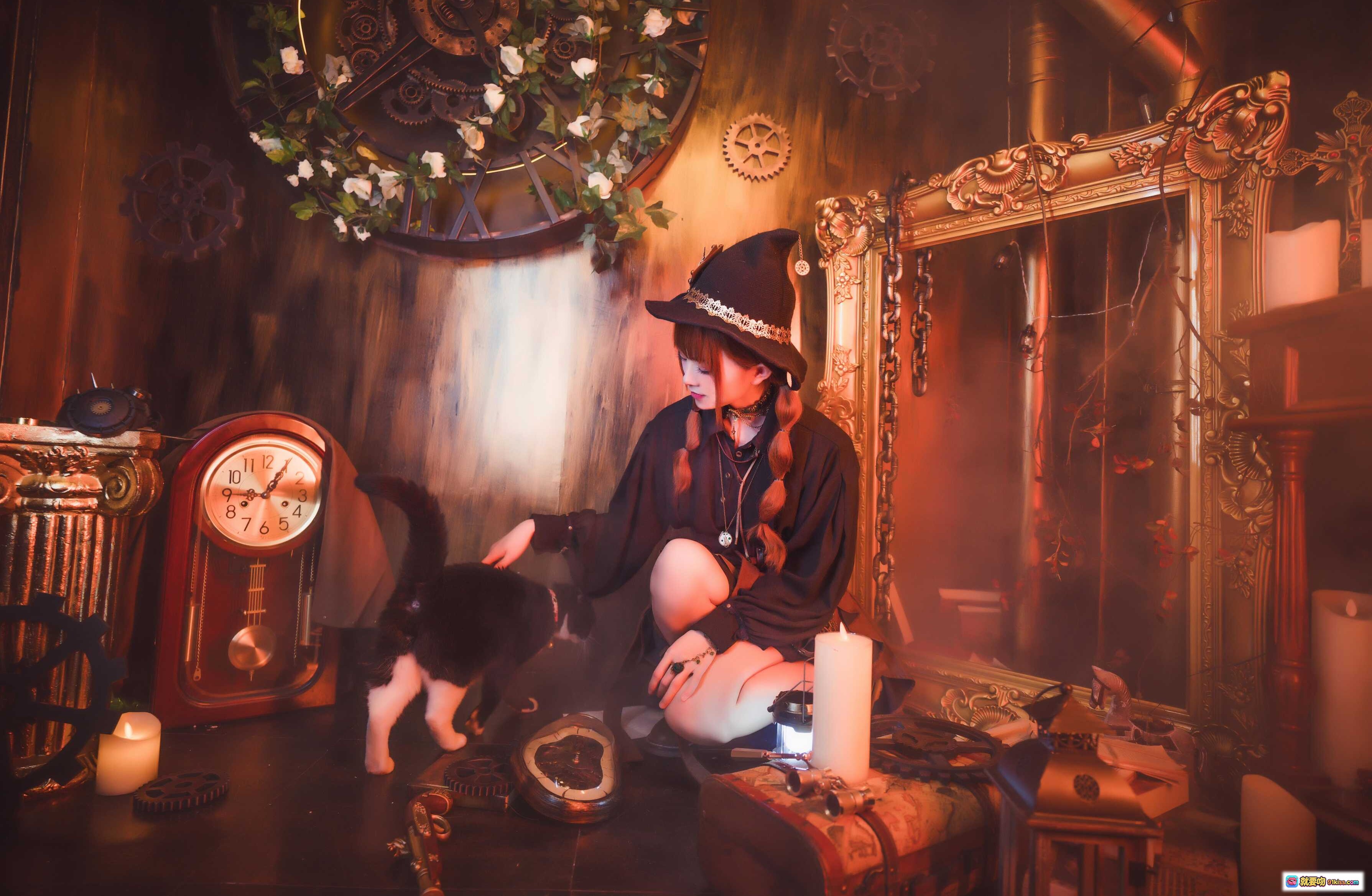 图片[3] - Kitaro绮太郎NO.085蒸汽朋克写真｜哥特女巫风造型+复古机械背景+黑猫陪伴+暗调暖光氛围感拍摄 - 就要吻