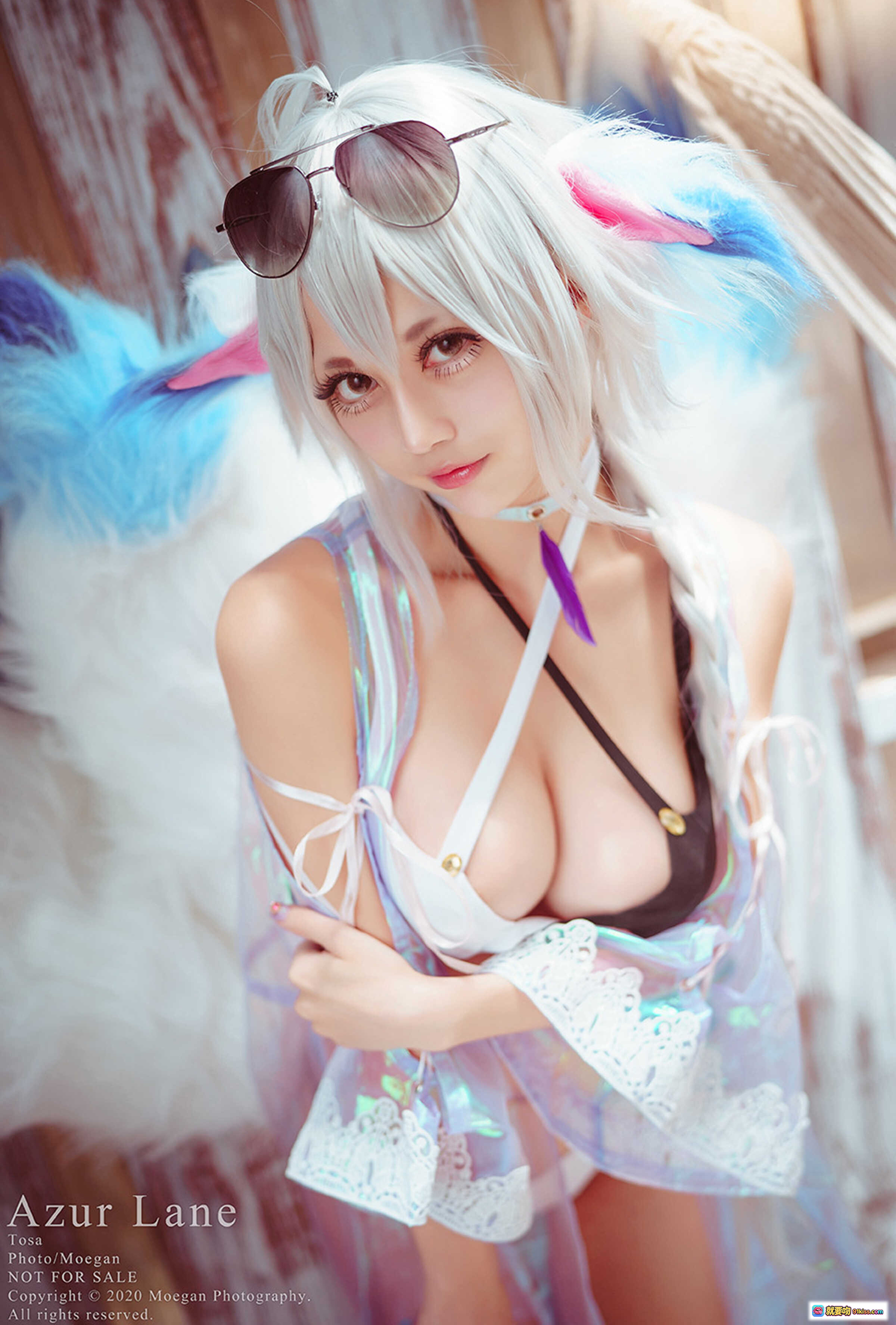 图片[3] - 土佐皮肤鸣子小夏cosplay写真 | Azur Lane角色扮演 | 白发猫耳泳装造型 | 蓝色狐狸面具手持 | 夏日沙滩风摄影 | Moegan摄影出品 - 就要吻