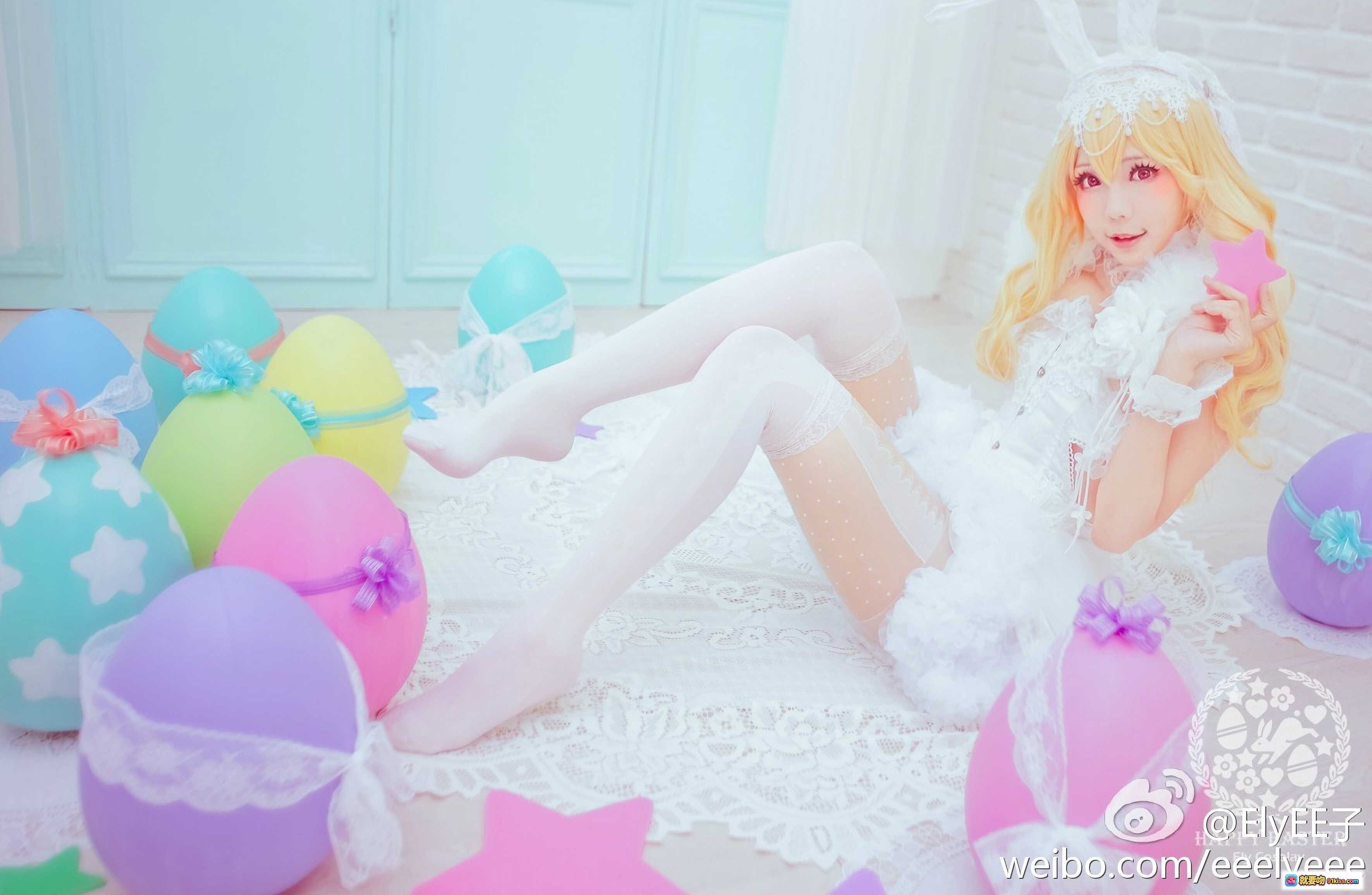 图片[5] - ElyEE子NO.014 白色兔女郎cosplay Easter主题 甜美金发少女 彩蛋装饰 蕾丝裙 白丝袜 拍摄写真 甜系风格 春日氛围 - 就要吻