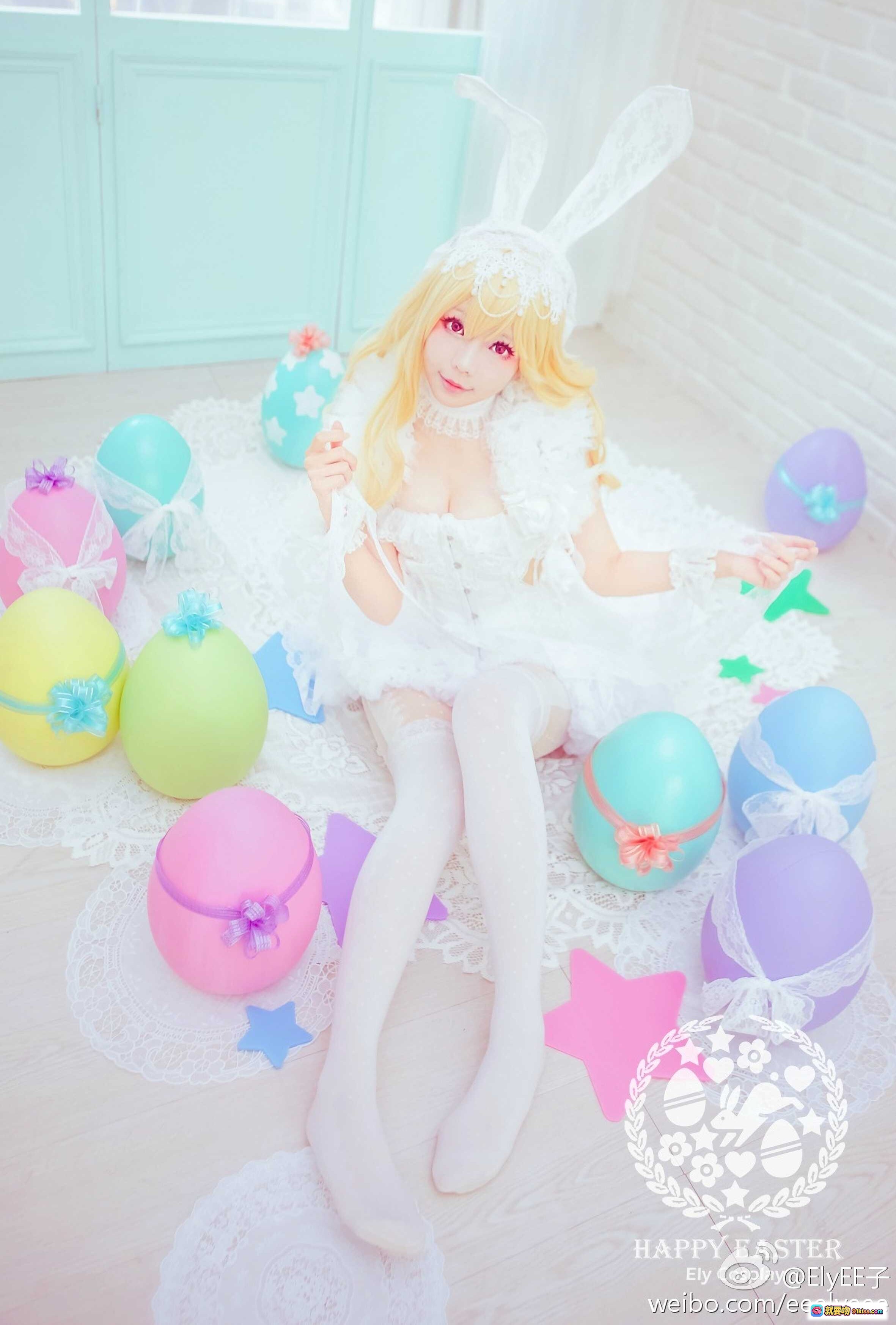 图片[1] - ElyEE子NO.014 白色兔女郎cosplay Easter主题 甜美金发少女 彩蛋装饰 蕾丝裙 白丝袜 拍摄写真 甜系风格 春日氛围 - 就要吻