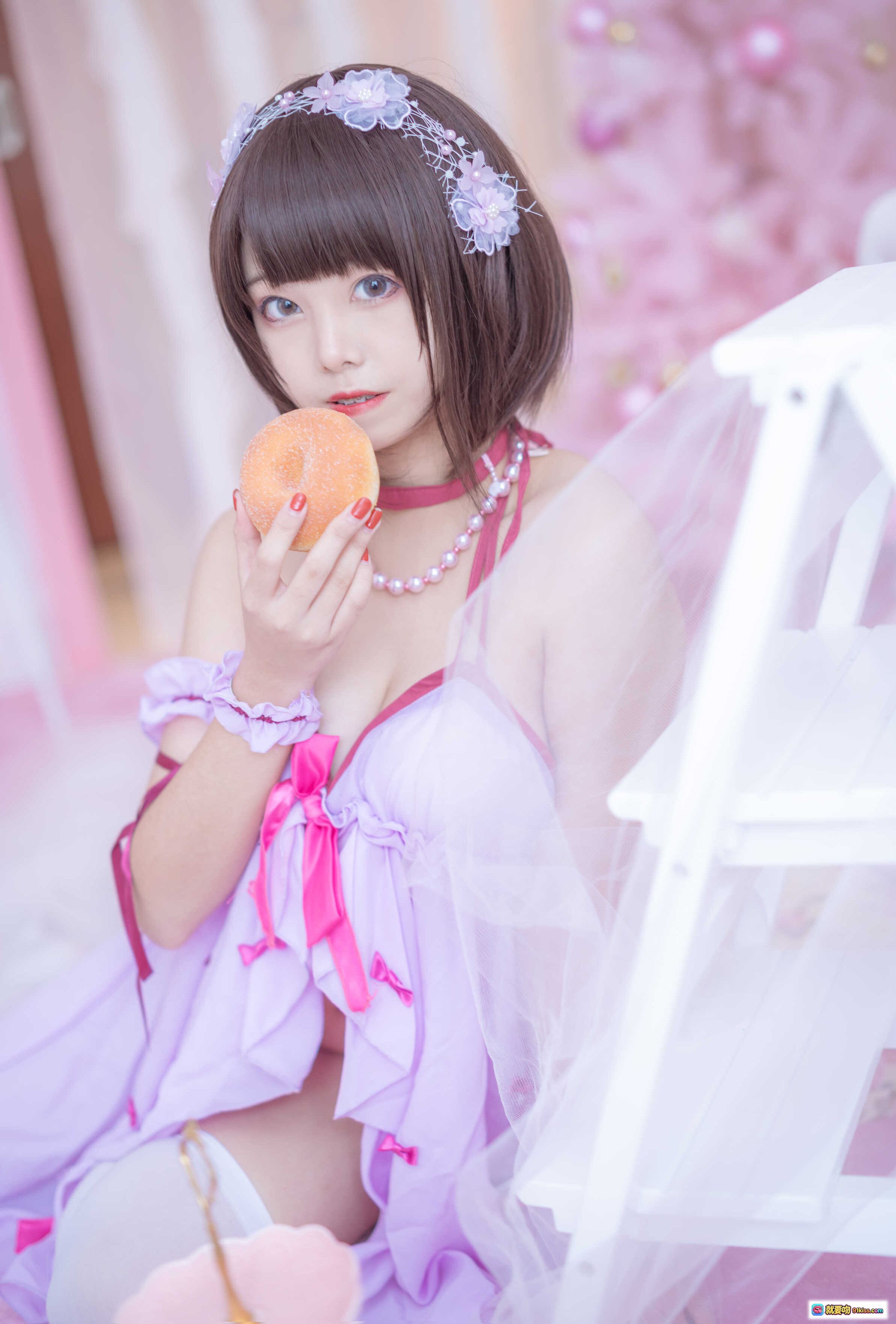 图片[7] - 蜜汁猫裘NO.004加藤惠睡衣写真｜粉色蕾丝吊带裙+白色过膝袜+花环头饰｜14P高清图集 - 就要吻