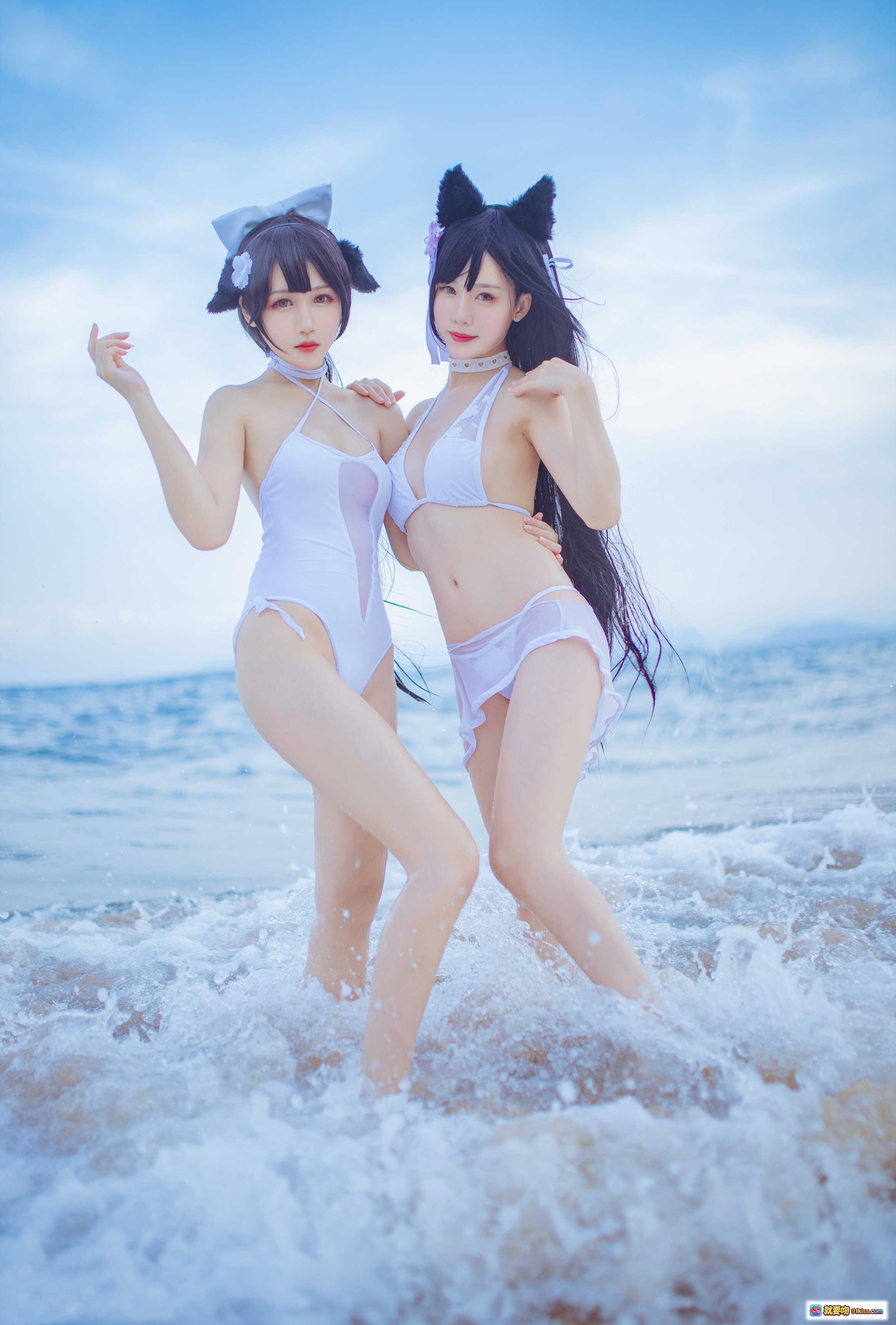 图片[4] - 不呆猫×抖娘 獒犬海边泳装写真 42P高清美图 白色比基尼猫耳少女 海滩岩石背景 二次元COSPLAY性感可爱风 - 就要吻