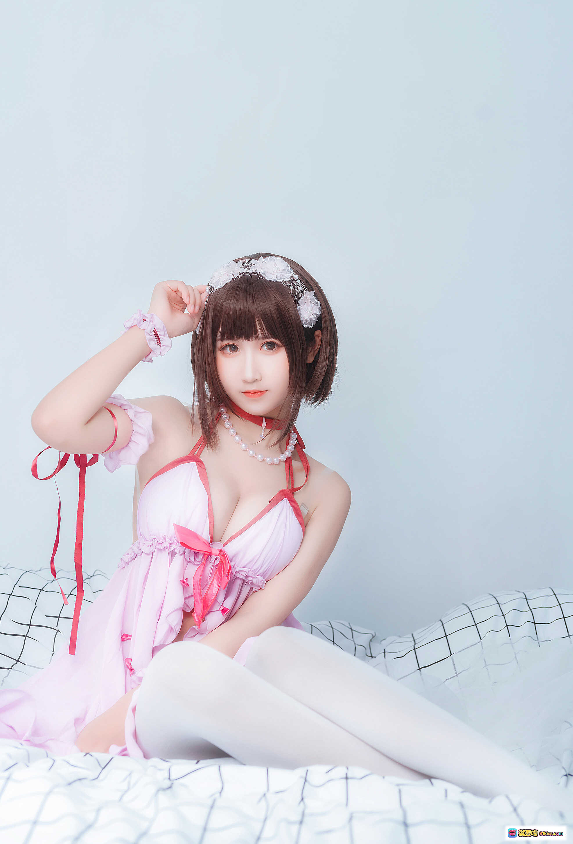 图片[2] - 加藤惠睡衣cosplay写真｜粉色蕾丝女仆装｜珍珠项链白丝美腿｜三度_69 NO.038 9P高清图集 - 就要吻