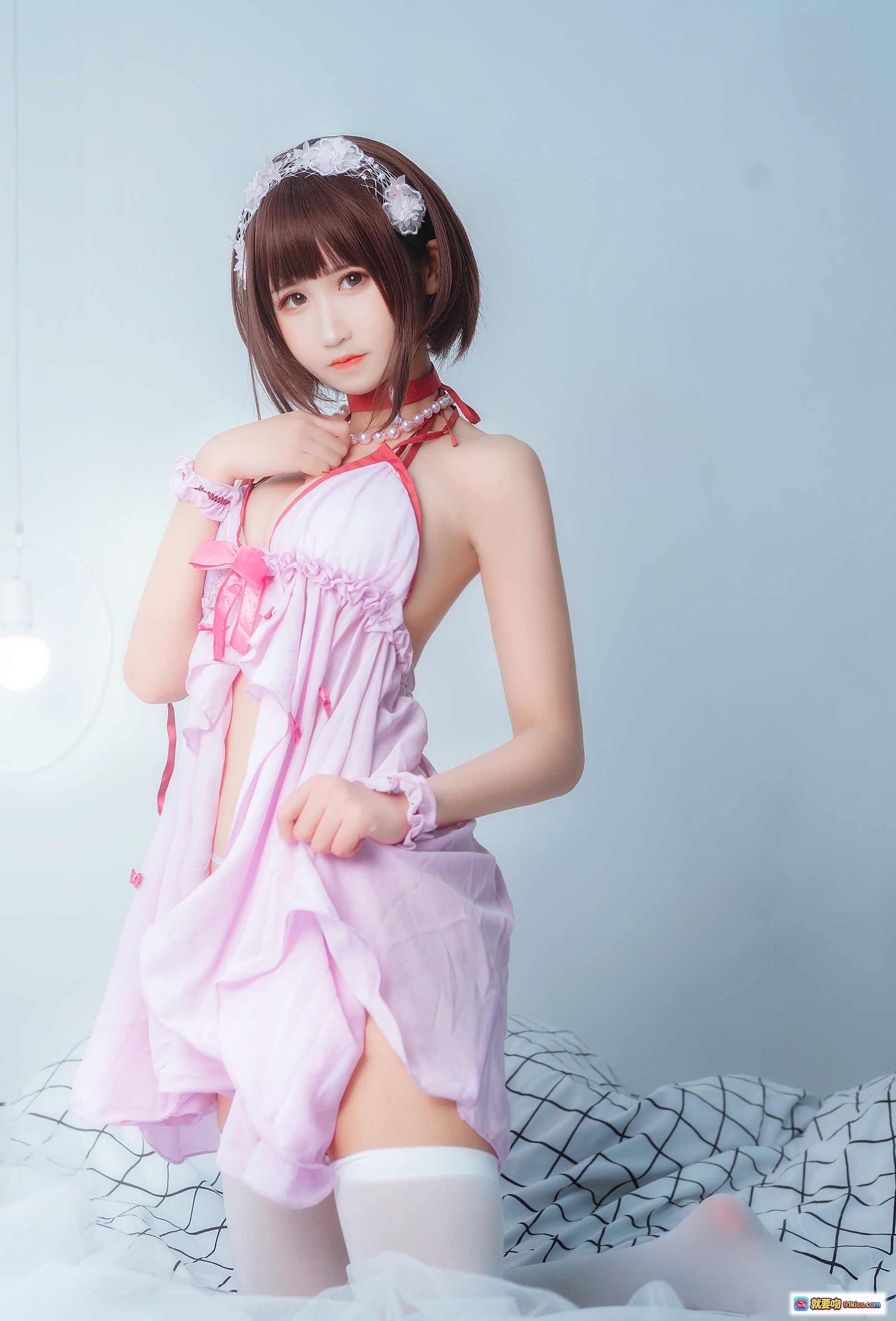 图片[5] - 加藤惠睡衣cosplay写真｜粉色蕾丝女仆装｜珍珠项链白丝美腿｜三度_69 NO.038 9P高清图集 - 就要吻
