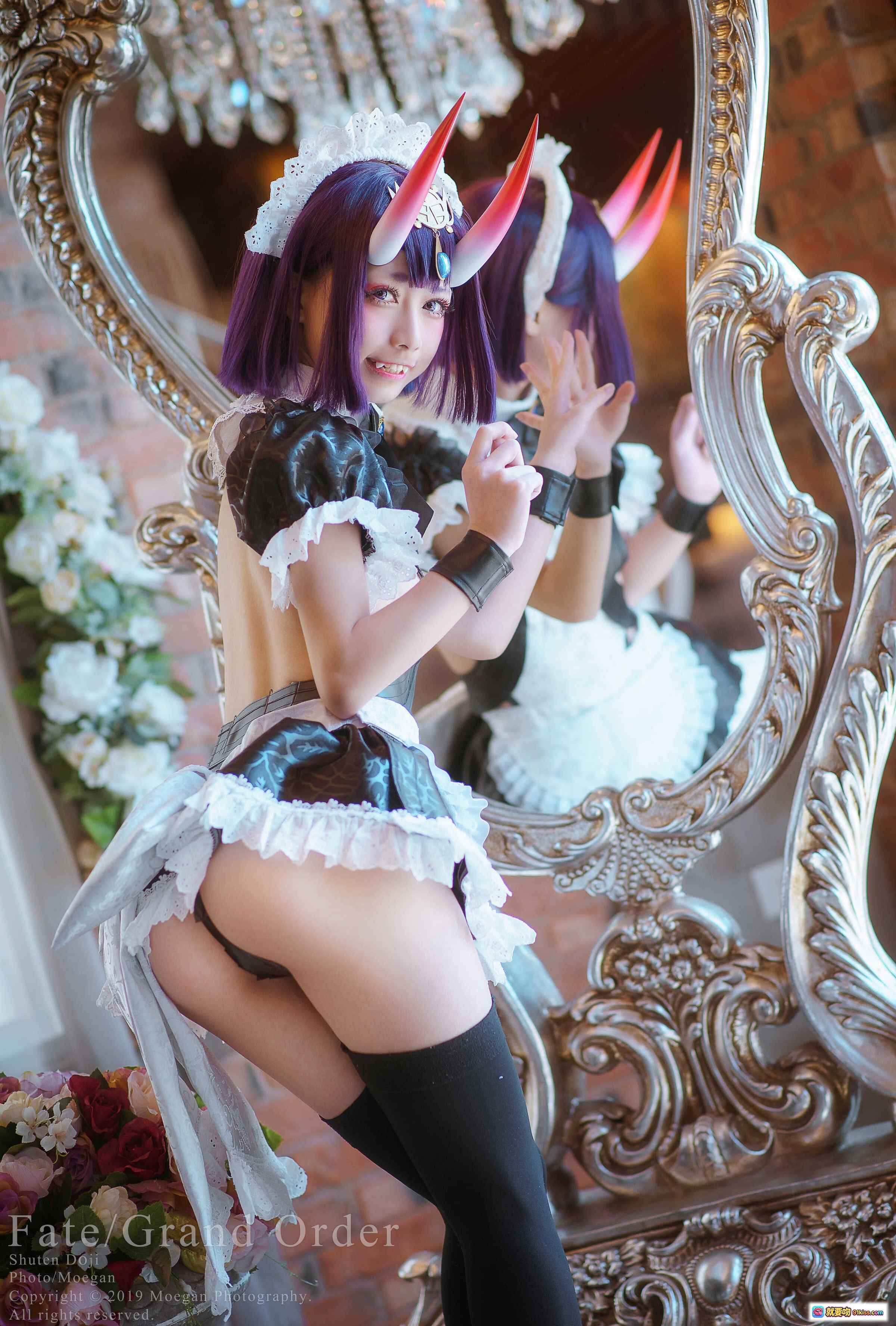 Fate/Grand Order 酒呑童子女仆装Cosplay | 紫发角饰蕾丝裙 | 奢华镜前写真 | 日系动漫角色扮演 - 就要吻