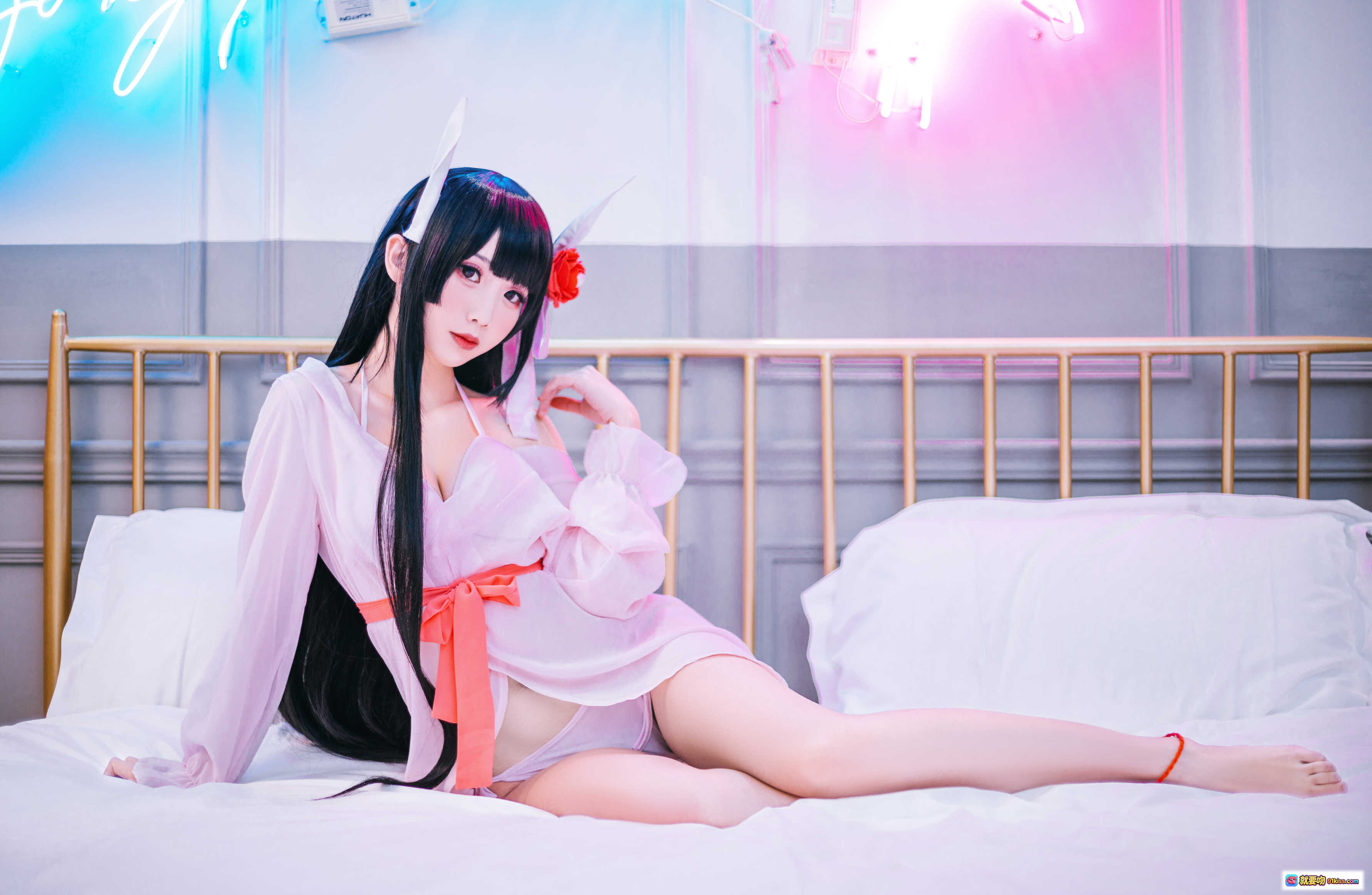 图片[8] - 面饼仙儿NO.060鲟睡衣写真 甜美少女粉系薄纱内衣床上躺姿美腿特写 17P高清图集 - 就要吻