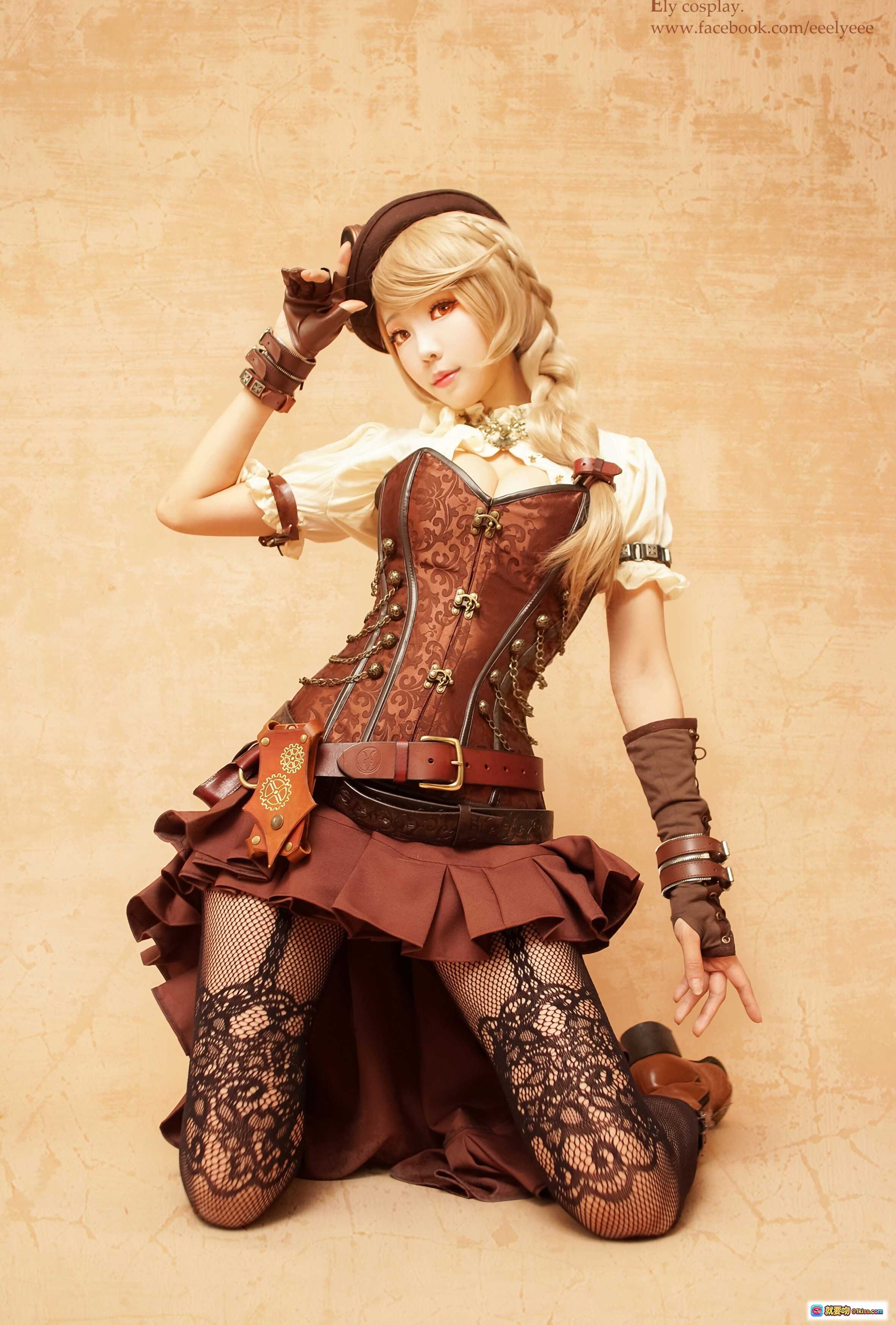 图片[10] - ElyEE子NO.030蒸汽朋克女战士cosplay｜复古机械枪械+蕾丝渔网袜+棕色层叠裙装+护目镜帽饰 - 就要吻