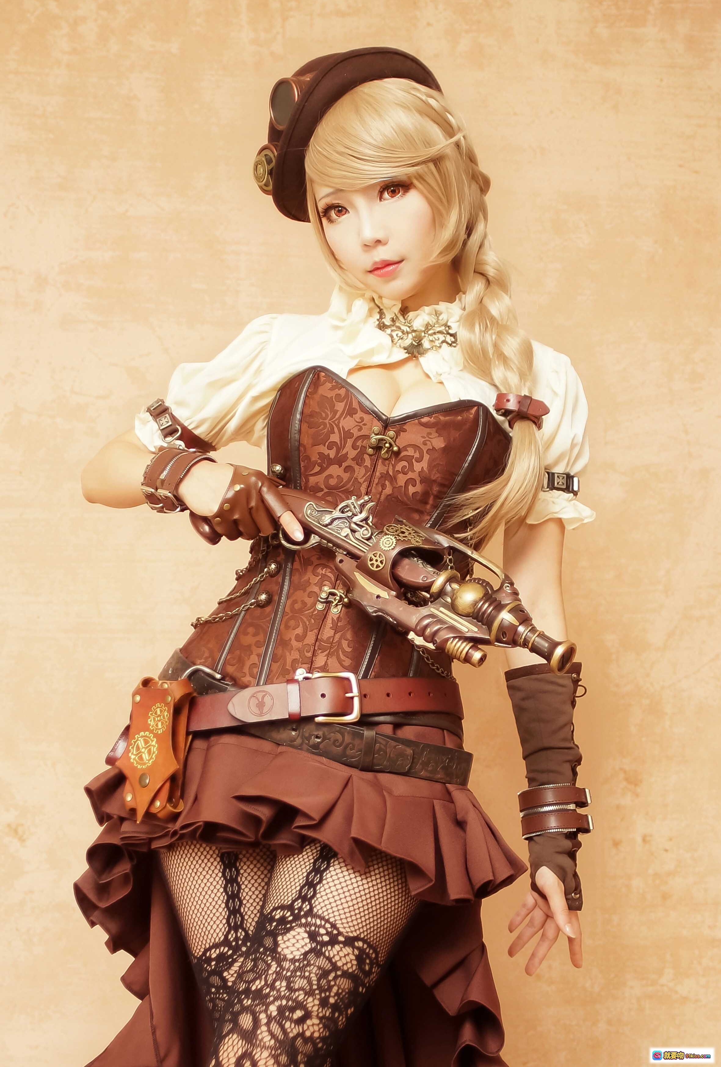 图片[3] - ElyEE子NO.030蒸汽朋克女战士cosplay｜复古机械枪械+蕾丝渔网袜+棕色层叠裙装+护目镜帽饰 - 就要吻