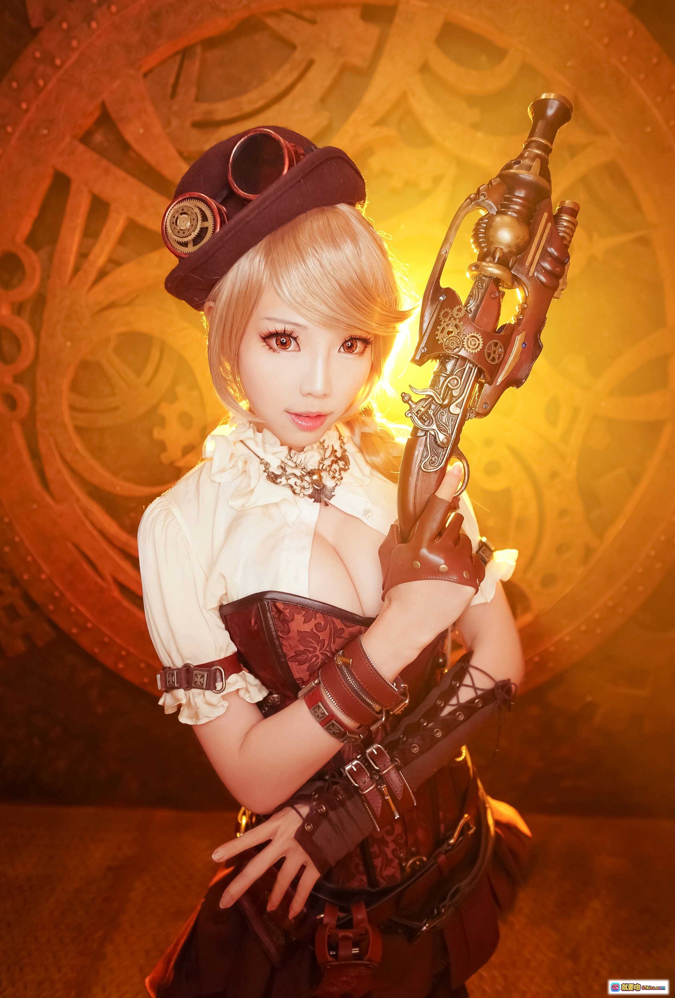 图片[2] - ElyEE子NO.030蒸汽朋克女战士cosplay｜复古机械枪械+蕾丝渔网袜+棕色层叠裙装+护目镜帽饰 - 就要吻
