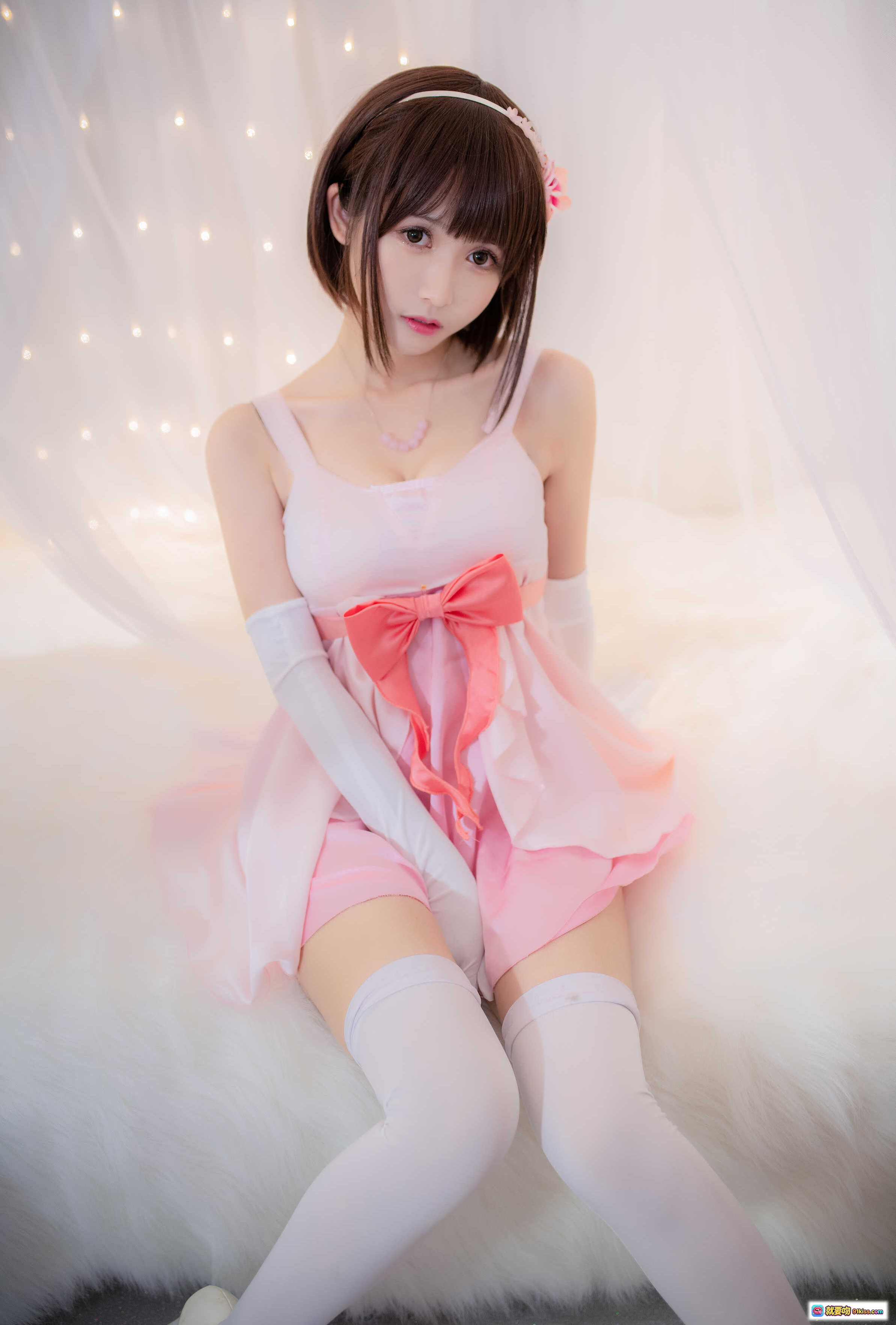 图片[5] - 鳗鱼霏儿NO.040路人女主惠Cosplay写真｜粉色内衣红蝴蝶结白丝袜甜美性感私房照 - 就要吻