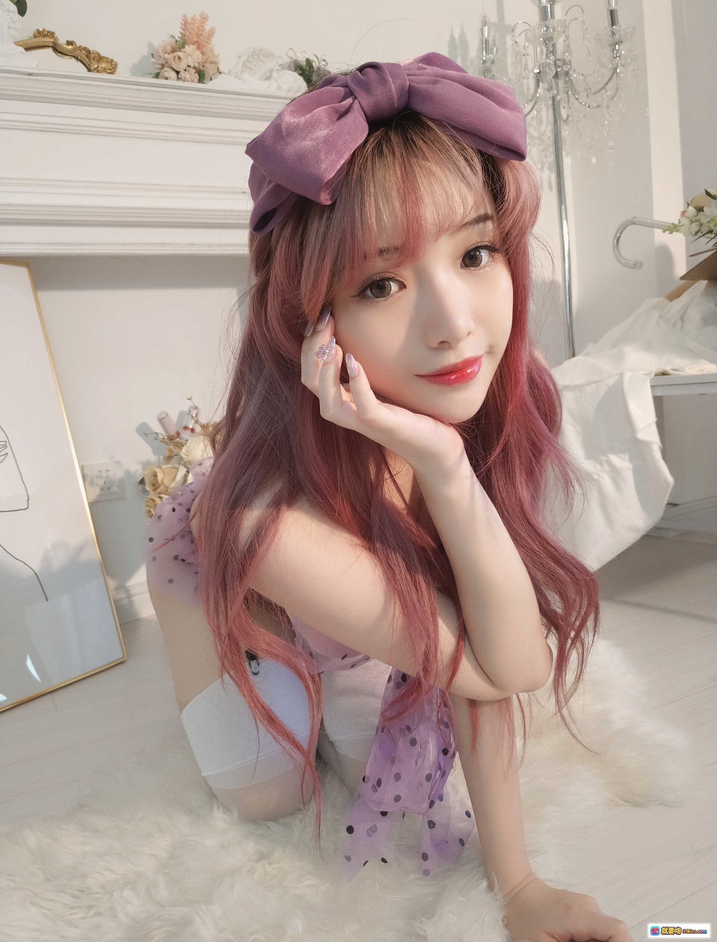 图片[7] - 雯妹不讲道理NO.057 10月自拍 紫色蝴蝶结波点内衣 白丝美腿 甜美粉发少女写真 - 就要吻