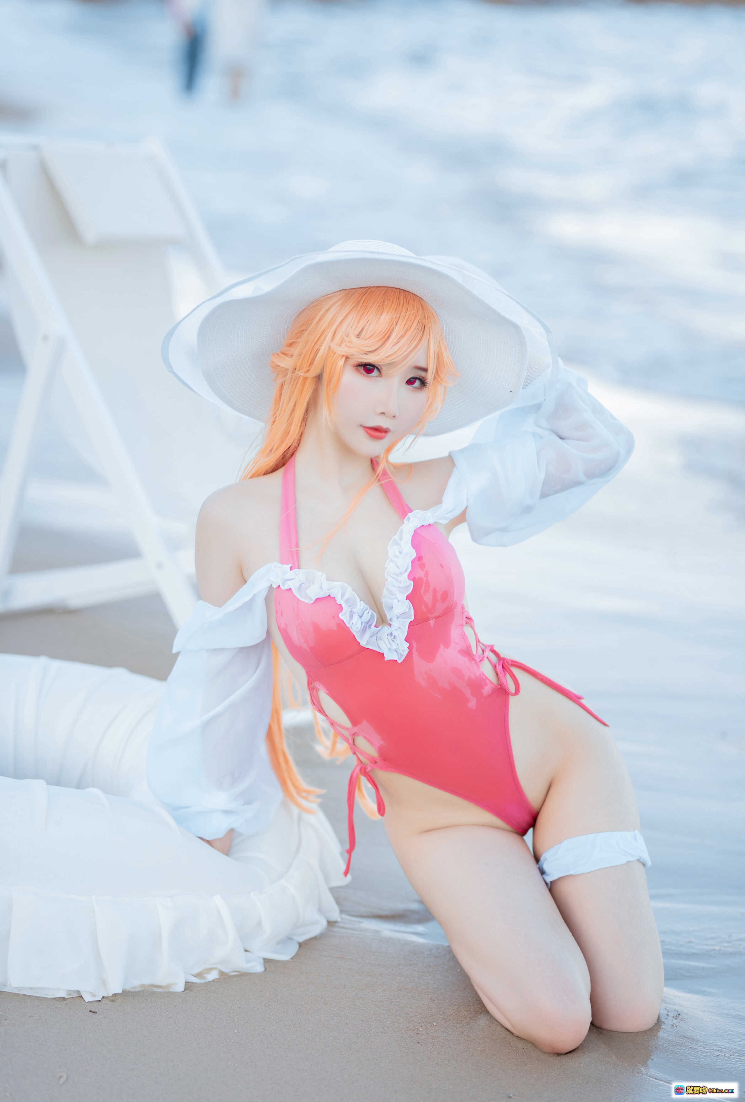 图片[5] - 面饼仙儿NO.084黎塞留海滩写真｜粉色泳衣+白色宽檐帽+条纹遮阳伞+沙滩躺椅+蕾丝边饰+高跟凉鞋+海边度假风 - 就要吻