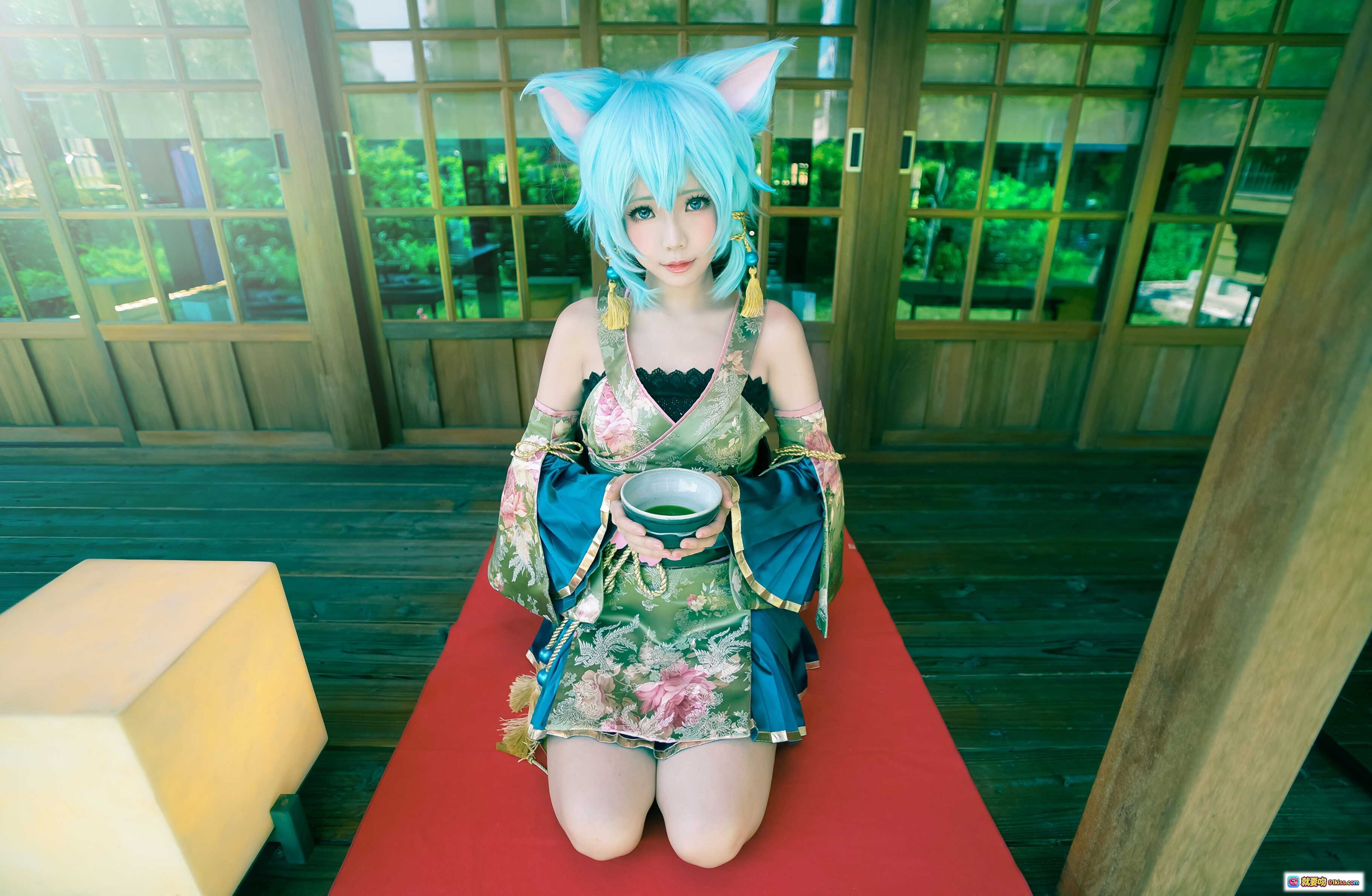 图片[7] - ElyEE子NO.023蓝发猫耳和风cosplay 日式庭院写真 精致和服造型 黑袜木屐搭配 古典建筑背景 美少女COS摄影 - 就要吻