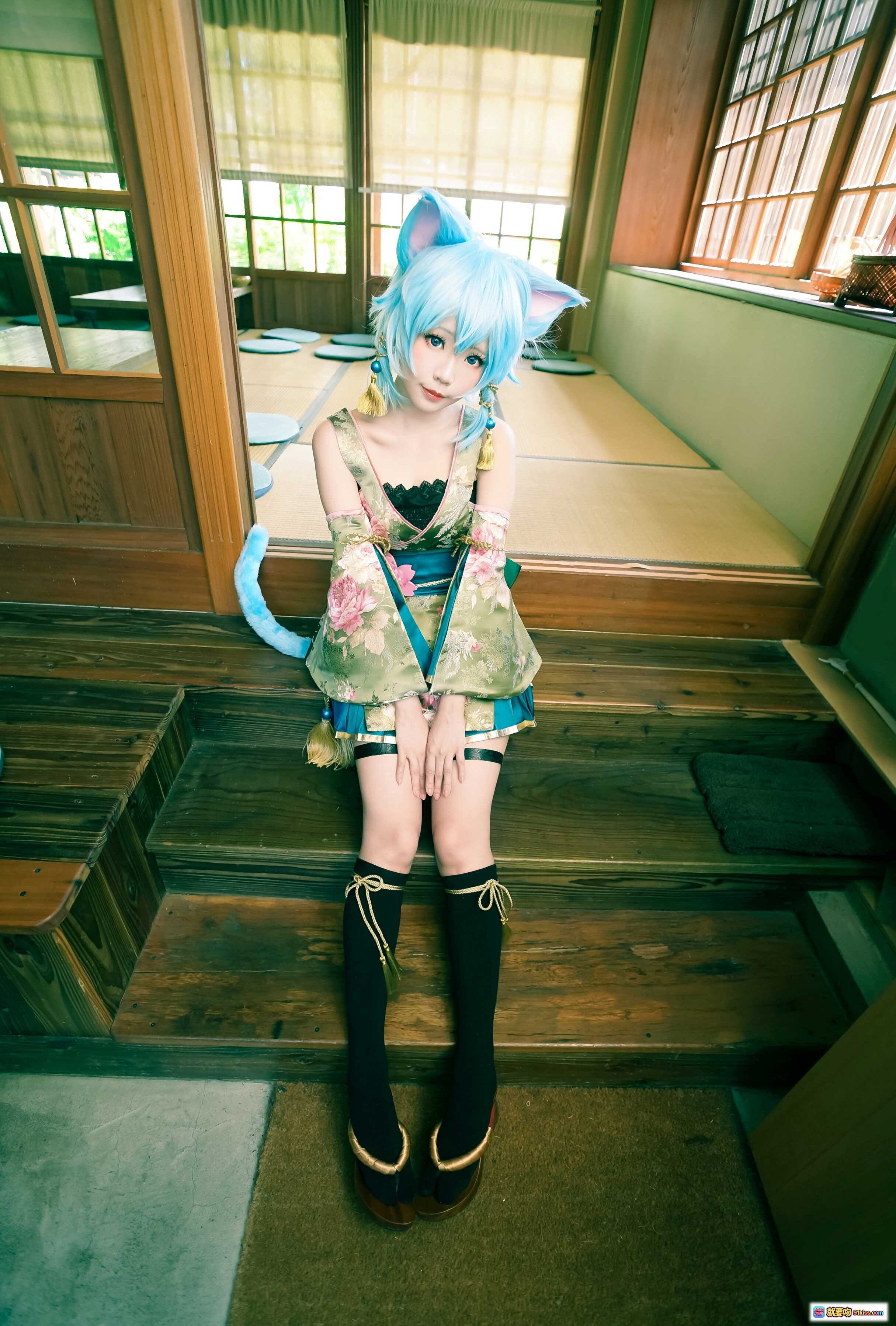 图片[3] - ElyEE子NO.023蓝发猫耳和风cosplay 日式庭院写真 精致和服造型 黑袜木屐搭配 古典建筑背景 美少女COS摄影 - 就要吻