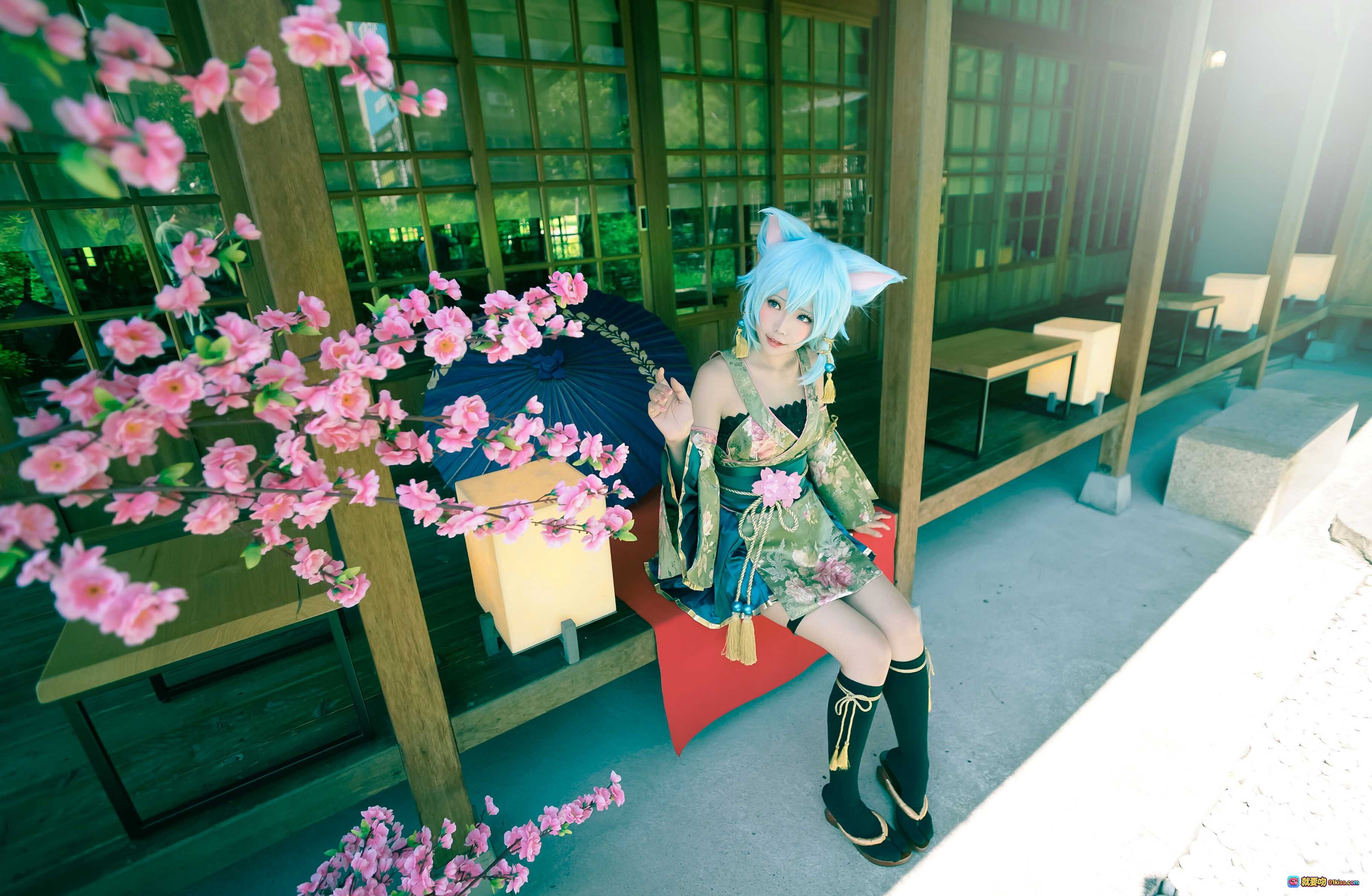 图片[9] - ElyEE子NO.023蓝发猫耳和风cosplay 日式庭院写真 精致和服造型 黑袜木屐搭配 古典建筑背景 美少女COS摄影 - 就要吻