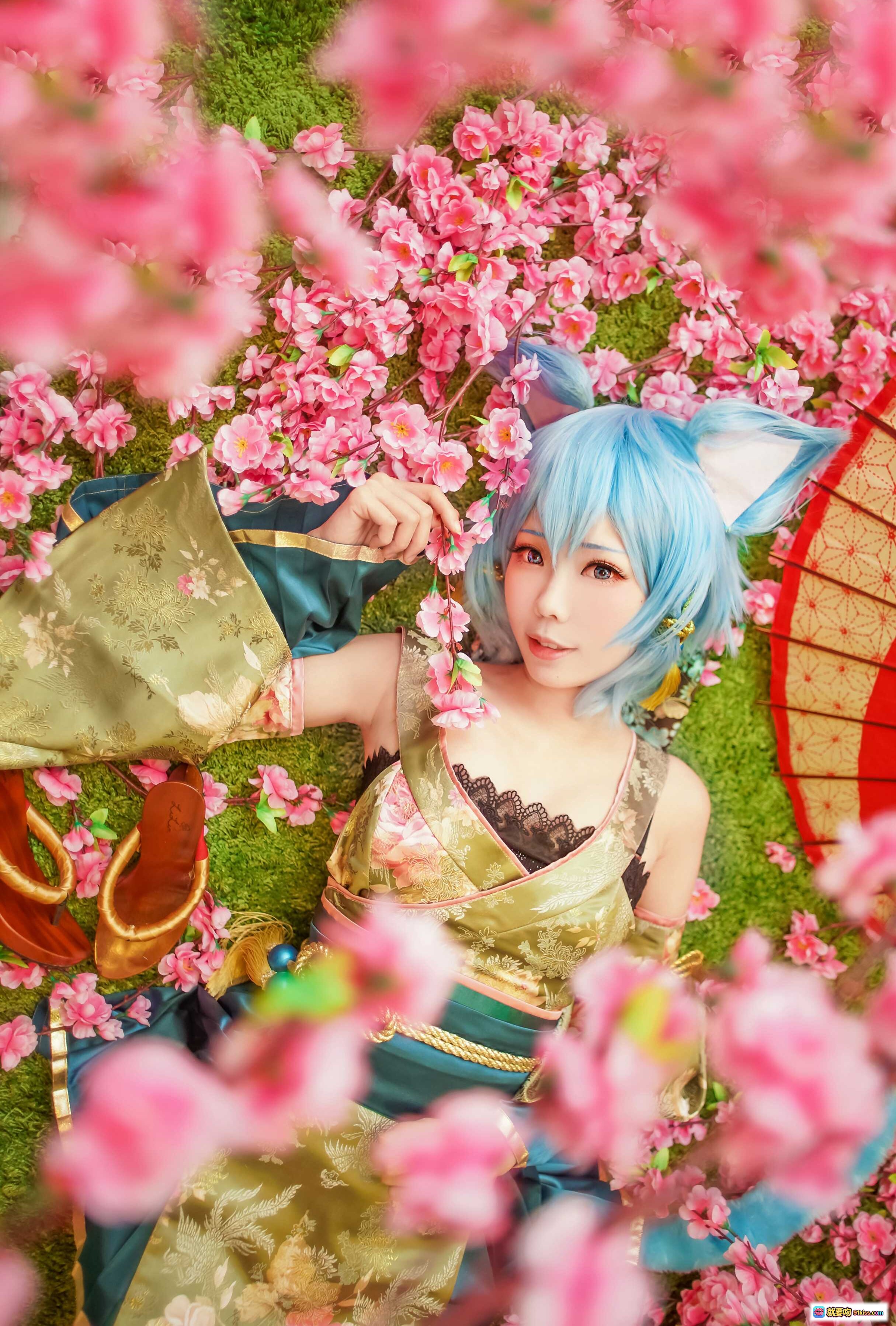 图片[5] - ElyEE子NO.023蓝发猫耳和风cosplay 日式庭院写真 精致和服造型 黑袜木屐搭配 古典建筑背景 美少女COS摄影 - 就要吻