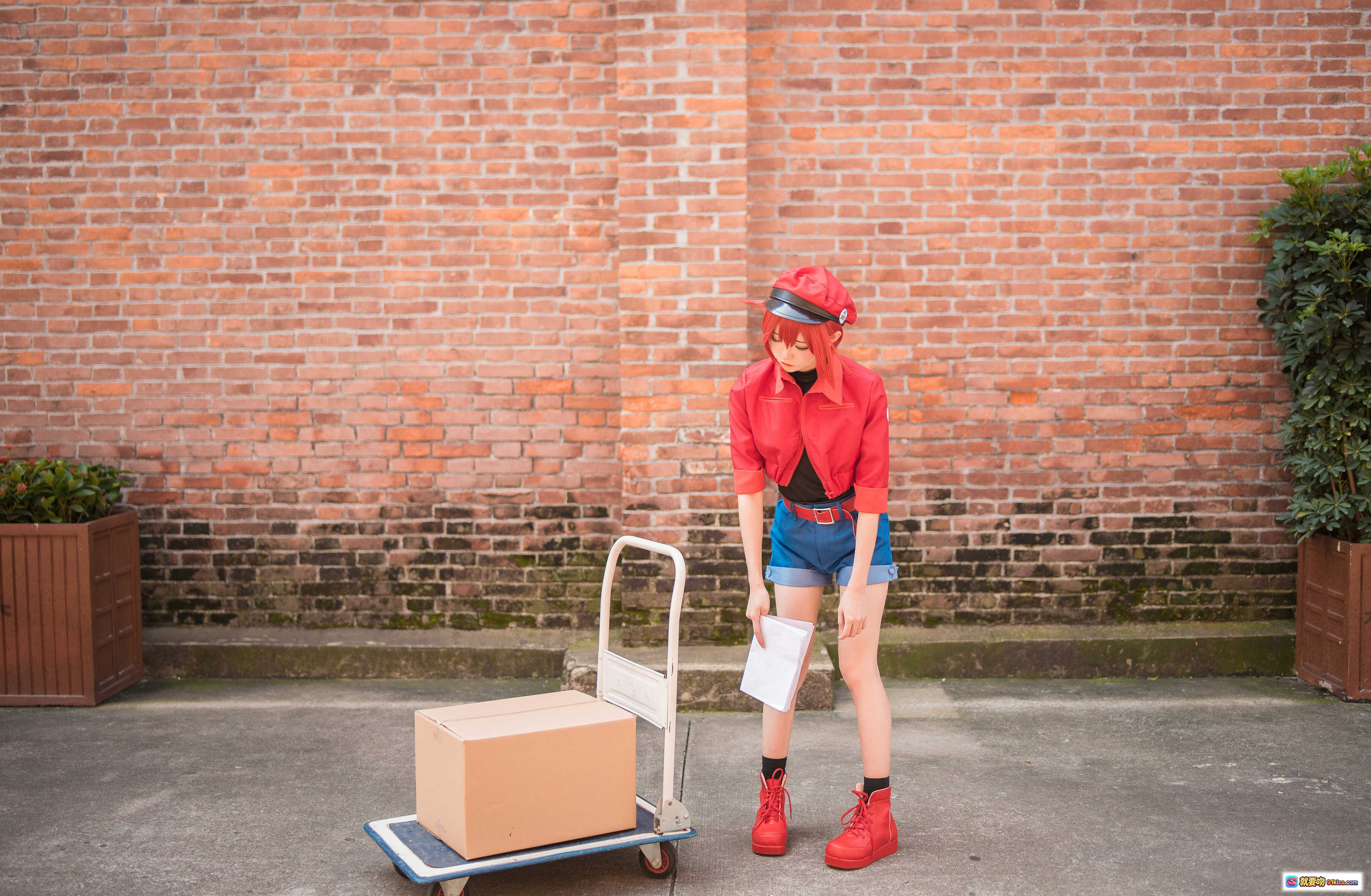 图片[5] - 工作细胞红血球cosplay Kitaro绮太郎NO.016 红发红帽蓝短裤工业风砖墙背景高还原度角色扮演写真 - 就要吻