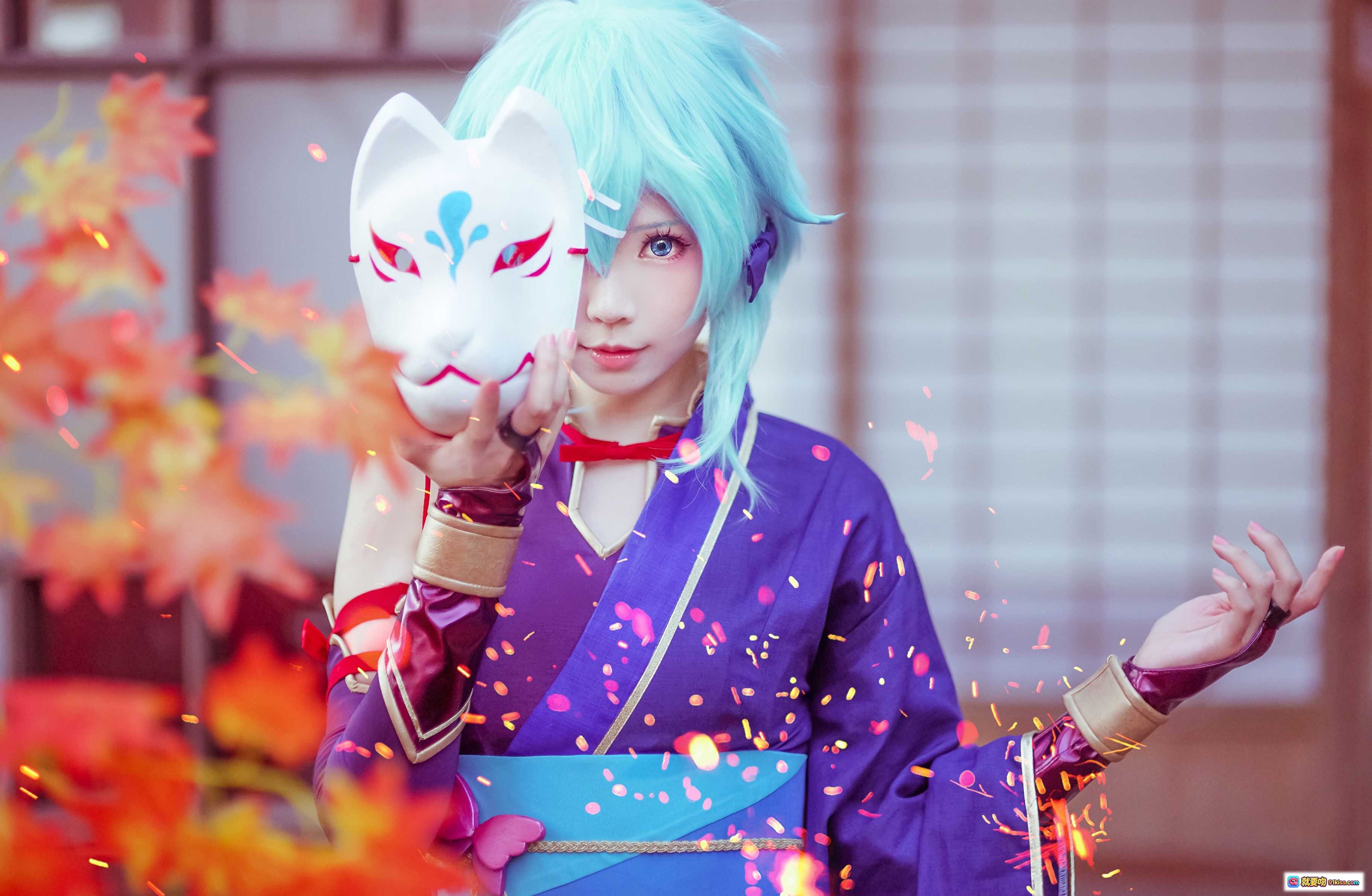 图片[4] - ElyEE子NO.021 狐面蓝发Cosplay 紫衣持枪日式庭院写真 精致和风造型 二次元角色扮演美图 - 就要吻