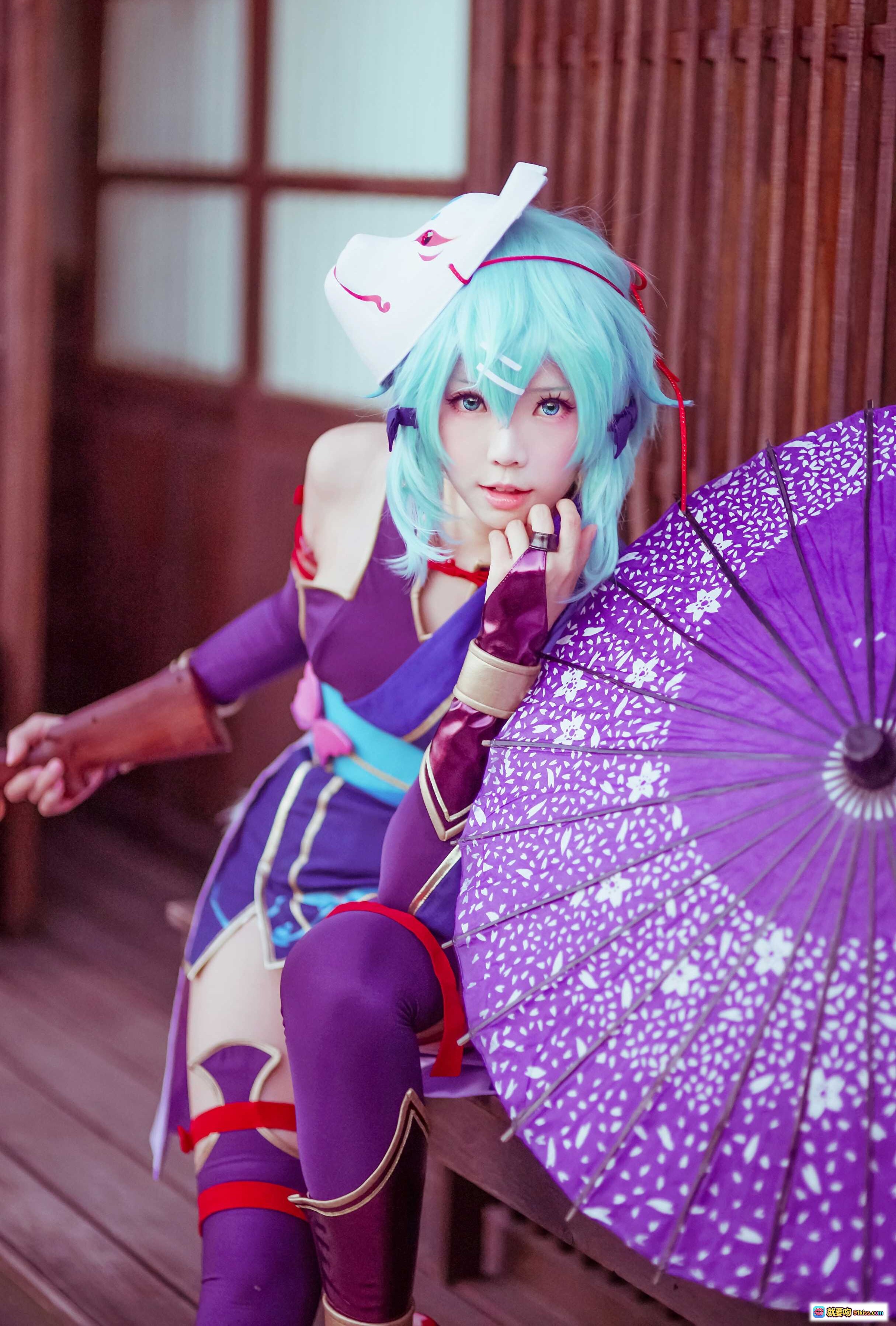 图片[3] - ElyEE子NO.021 狐面蓝发Cosplay 紫衣持枪日式庭院写真 精致和风造型 二次元角色扮演美图 - 就要吻