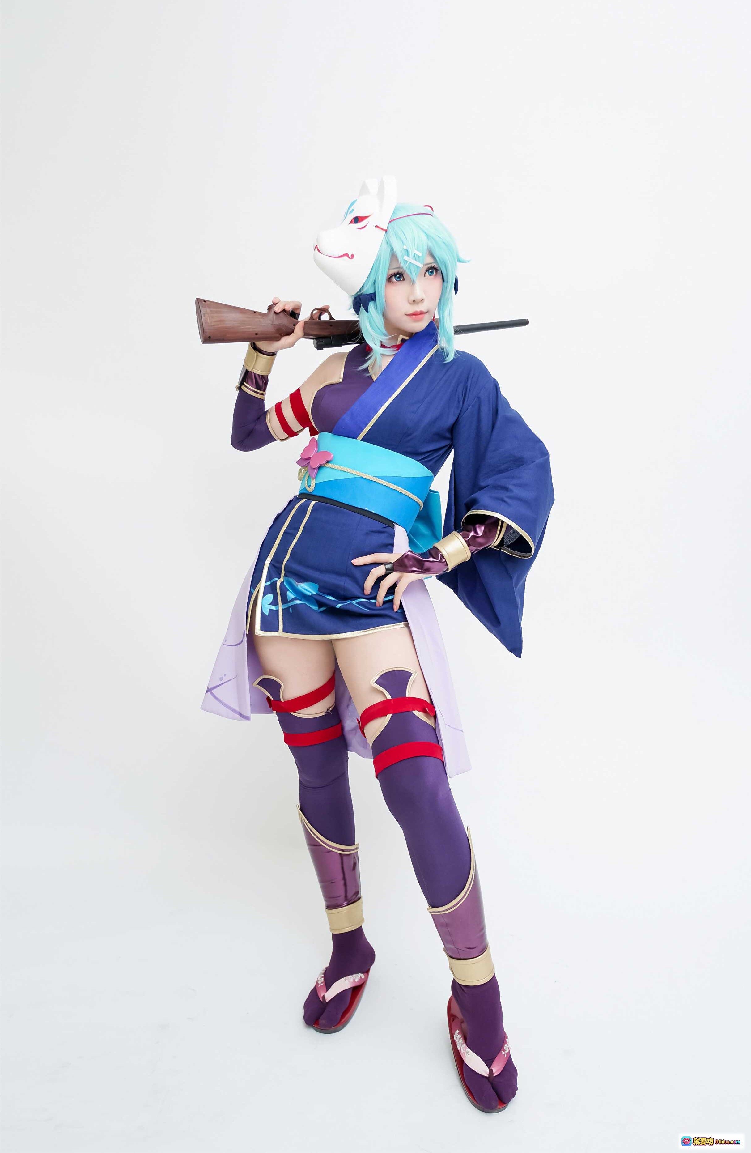 图片[7] - ElyEE子NO.021 狐面蓝发Cosplay 紫衣持枪日式庭院写真 精致和风造型 二次元角色扮演美图 - 就要吻