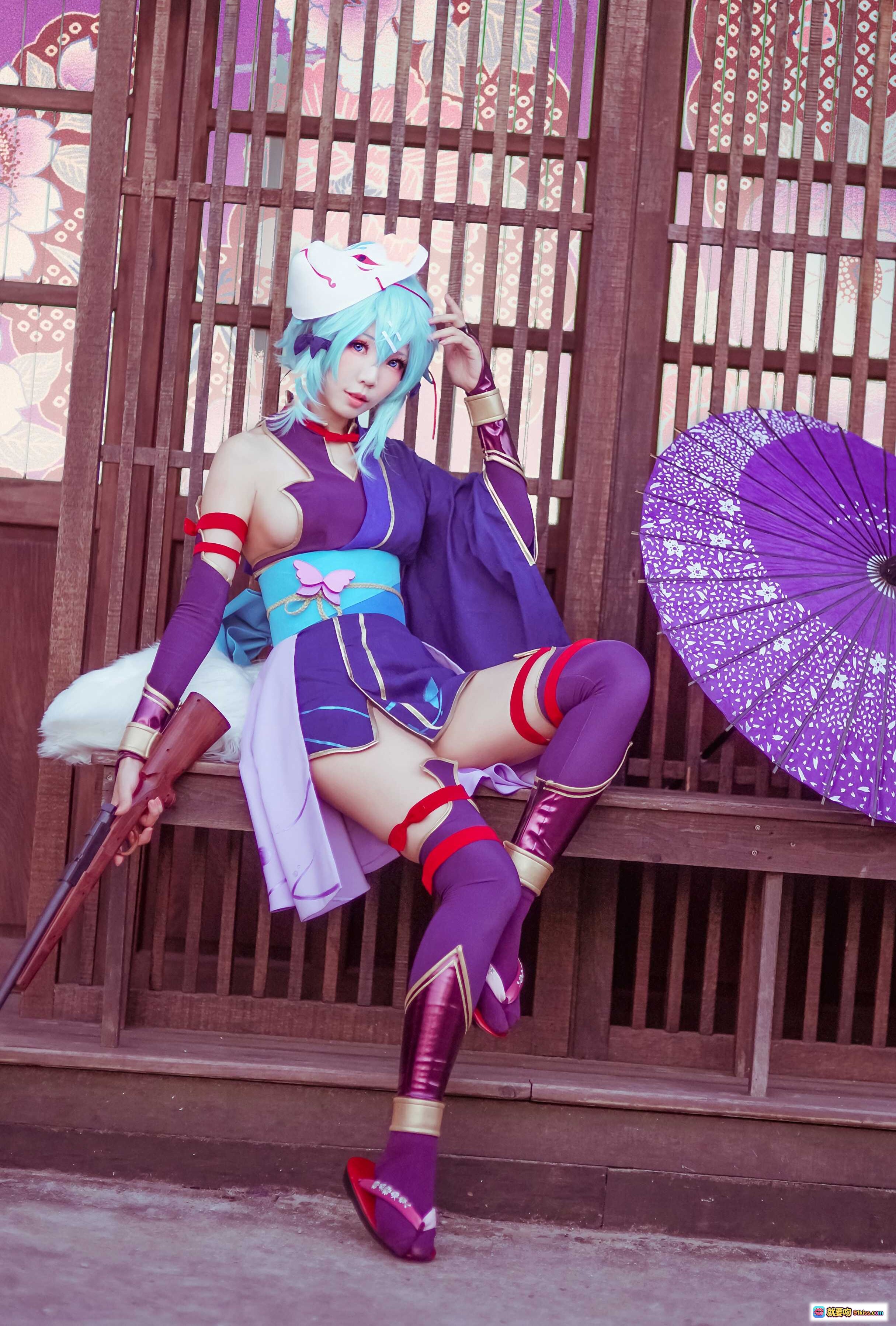 图片[5] - ElyEE子NO.021 狐面蓝发Cosplay 紫衣持枪日式庭院写真 精致和风造型 二次元角色扮演美图 - 就要吻