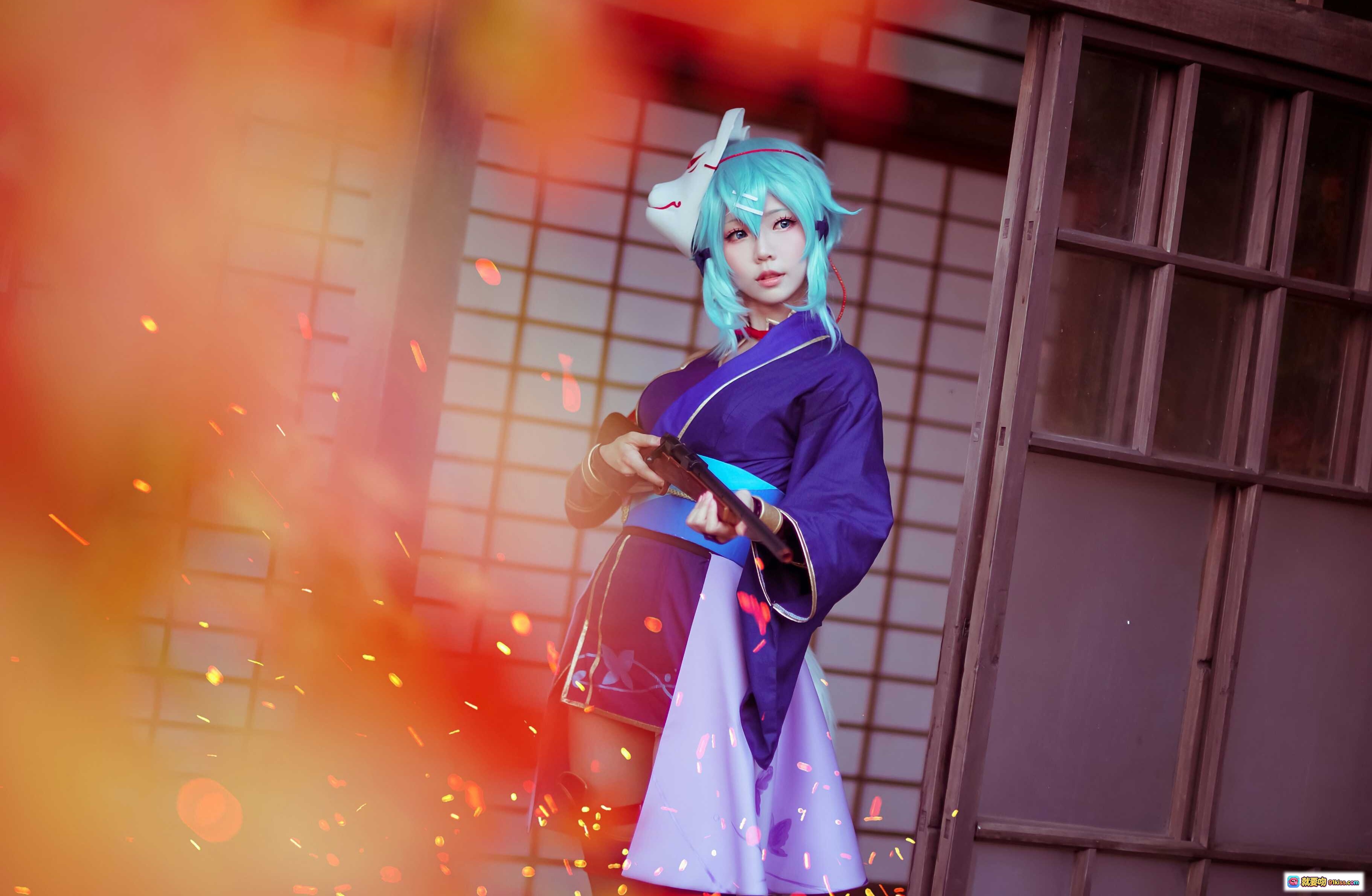 图片[9] - ElyEE子NO.021 狐面蓝发Cosplay 紫衣持枪日式庭院写真 精致和风造型 二次元角色扮演美图 - 就要吻