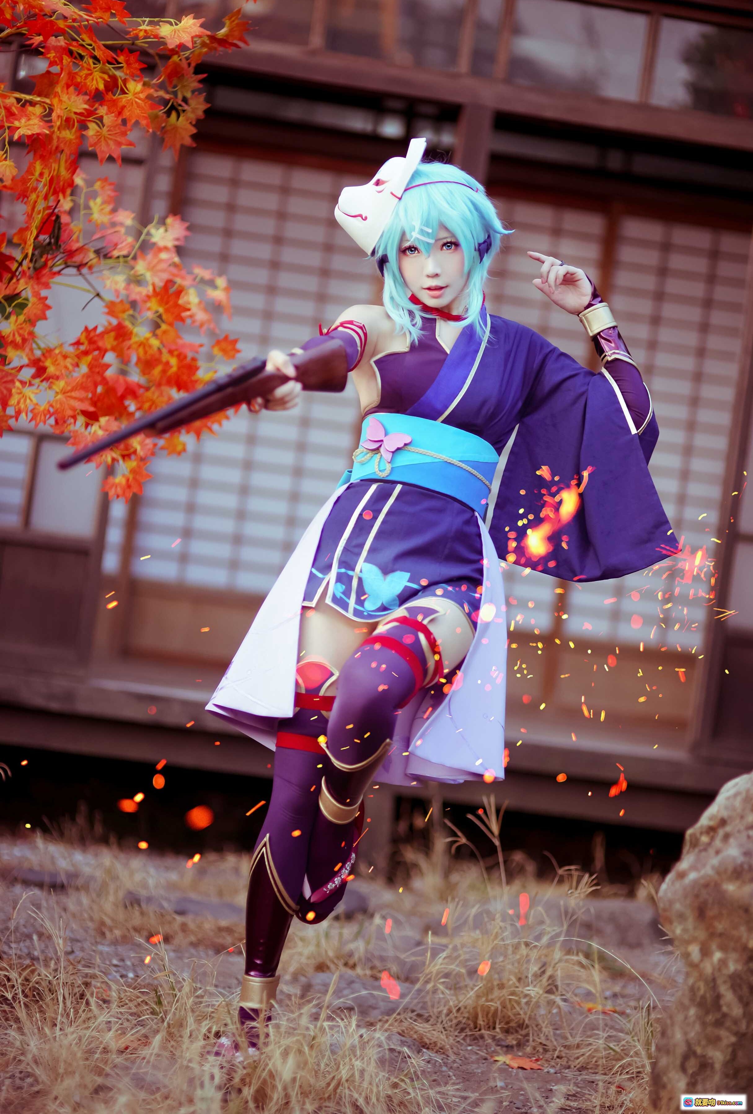 图片[6] - ElyEE子NO.021 狐面蓝发Cosplay 紫衣持枪日式庭院写真 精致和风造型 二次元角色扮演美图 - 就要吻