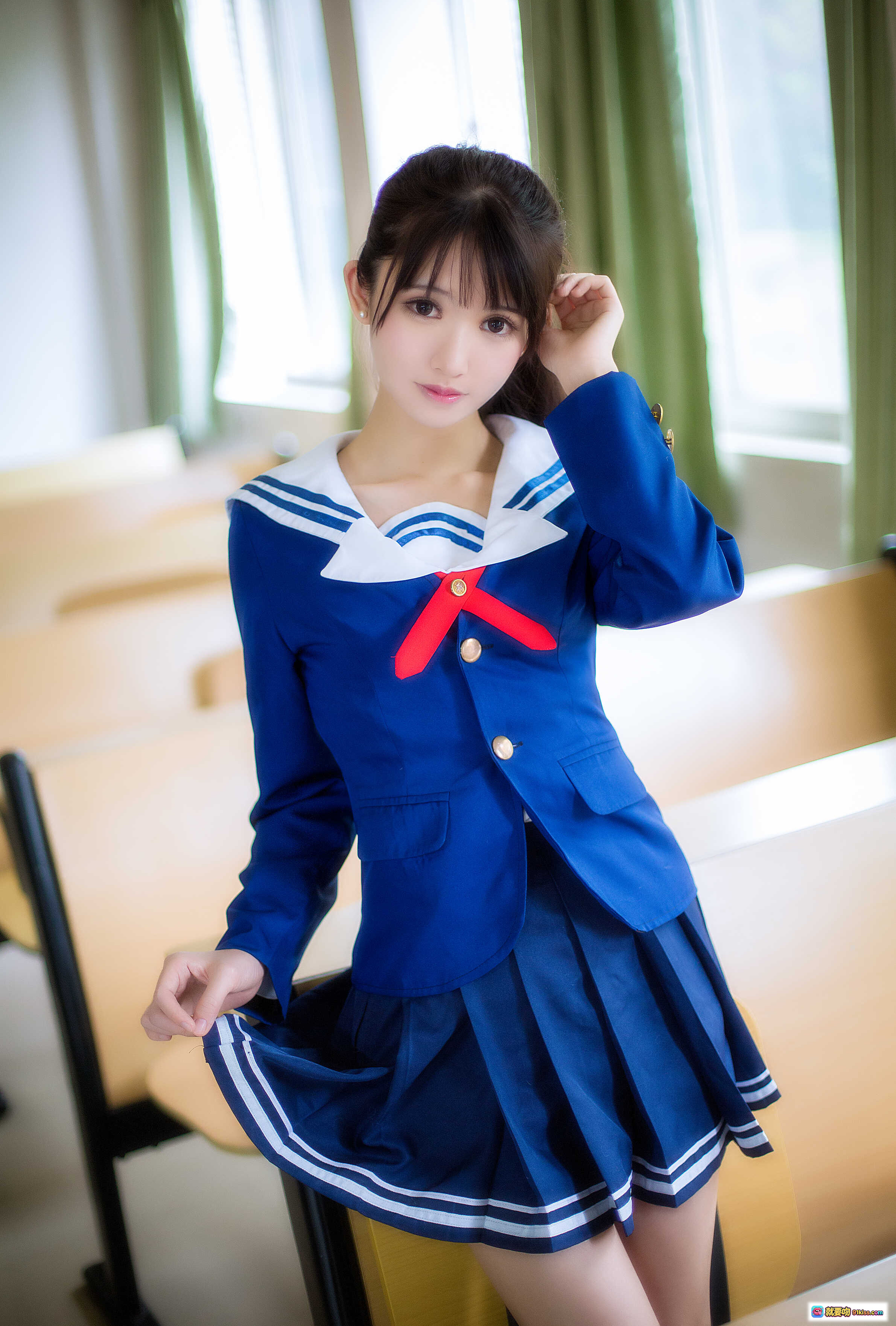 图片[4] - 鳗鱼霏儿NO.059圣人惠校服写真 | 蓝色水手服少女窗边侧颜 | 清新校园风日系美少女摄影 - 就要吻