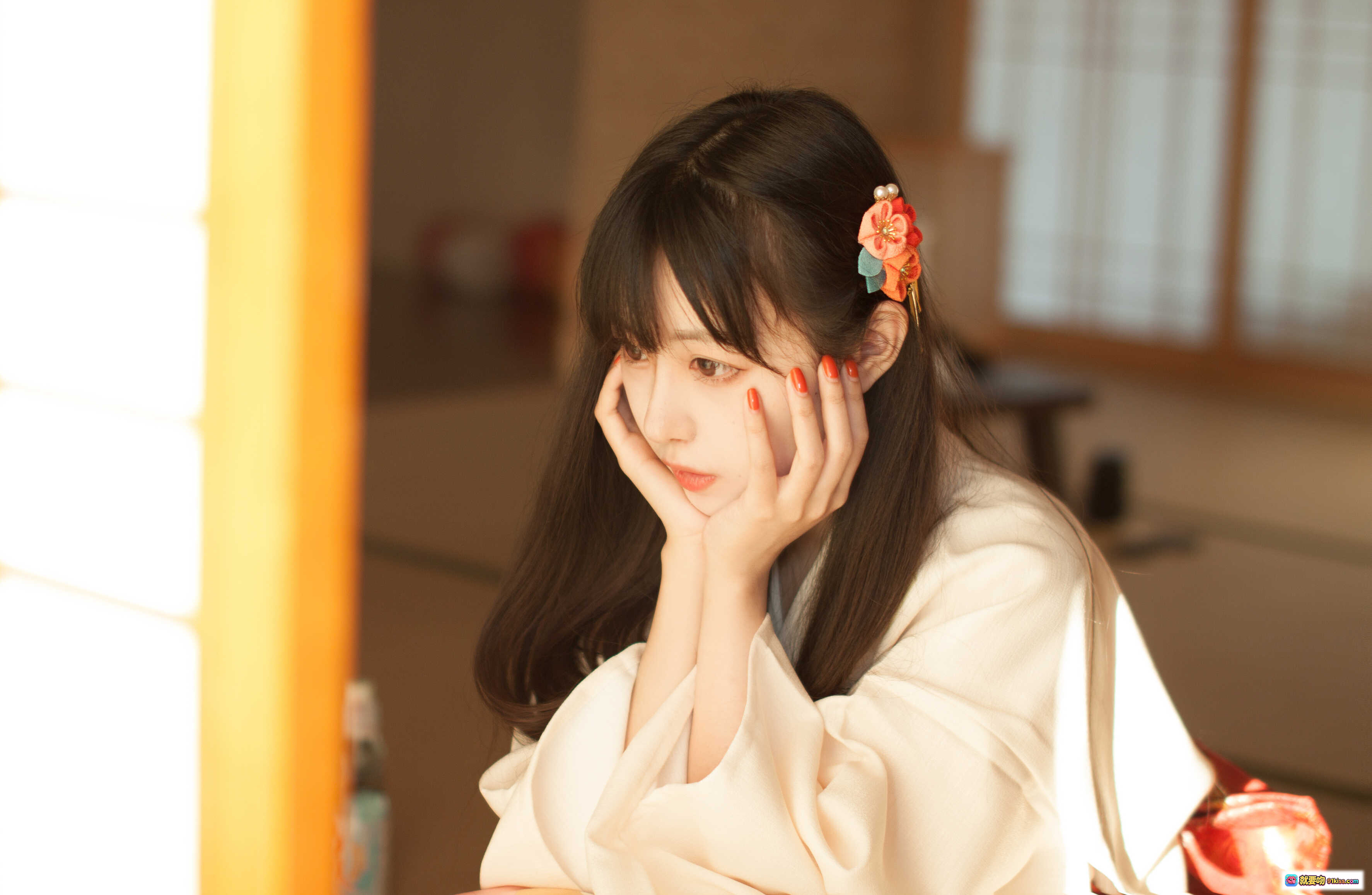 图片[4] - Shika小鹿鹿NO.011和服写真 | 日式传统白底红腰带和服少女 | 日本庭院背景 | 精致发饰与温柔气质 | 19P高清图集 - 就要吻