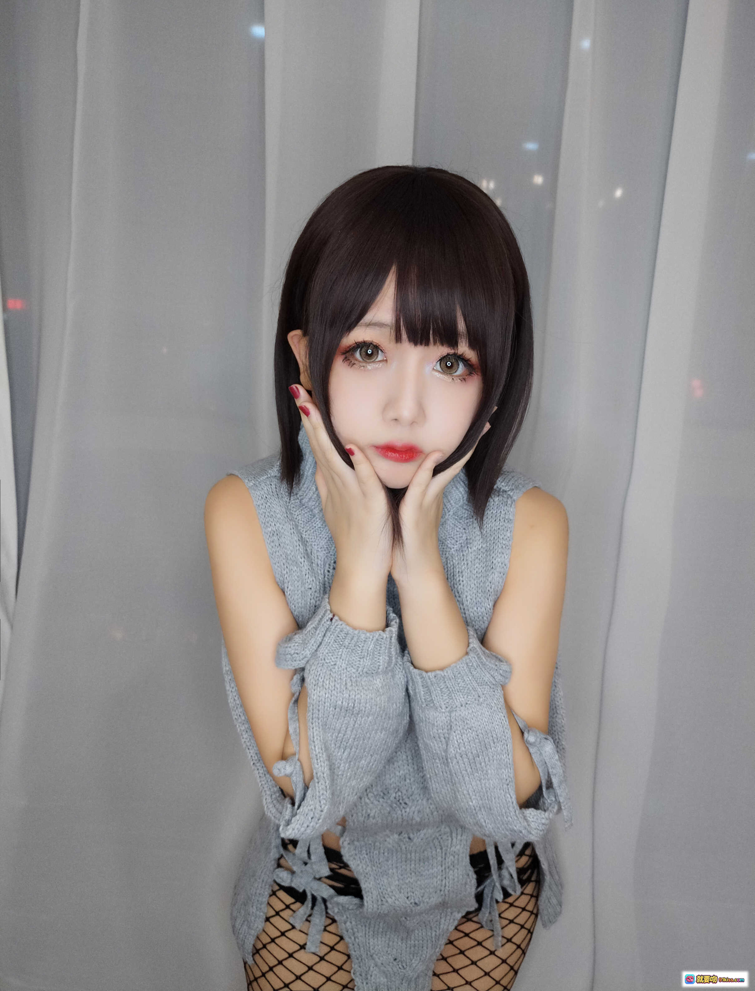 图片[7] - 日奈娇NO.016毛衣写真36P170MB 灰色高领无袖针织衫+黑色渔网袜+齐刘海短发少女风私房美图 - 就要吻
