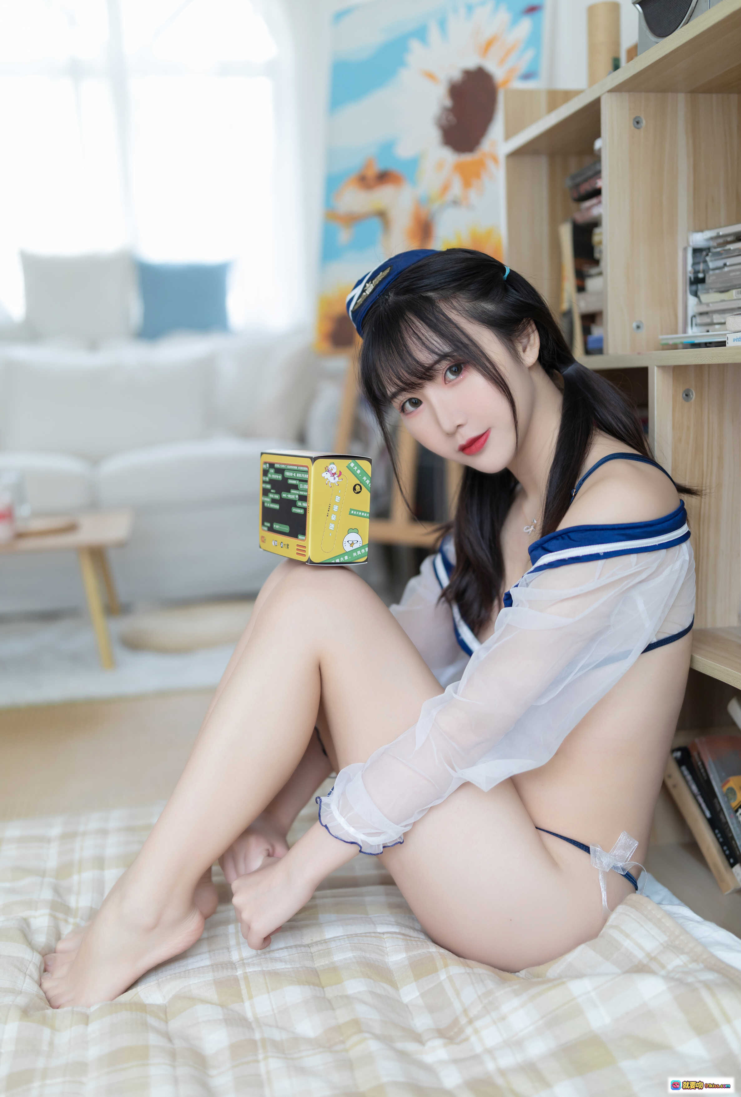 图片[7] - 面饼仙儿NO.069小水手写真 | 蓝白海军风比基尼+透明薄纱外套+船帽造型 | 室内格子床拍性感美图 - 就要吻