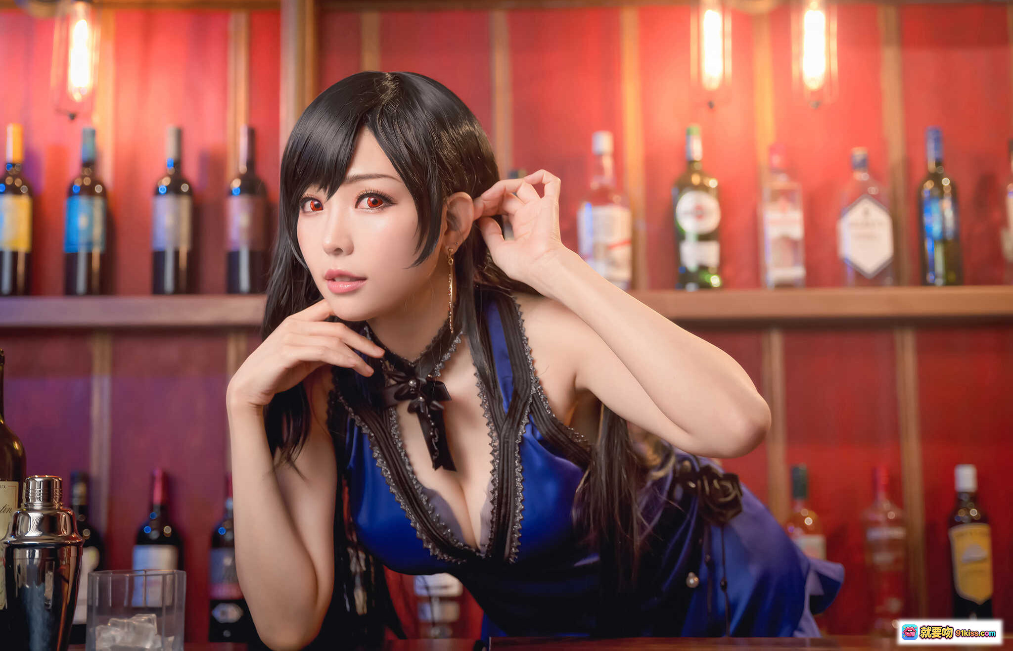 图片[8] - ElyEE子NO.067蒂法写真 cosplay黑长直少女 机房蓝光绿屏背景 红靴黑袜皮装造型 74P高清图集 - 就要吻