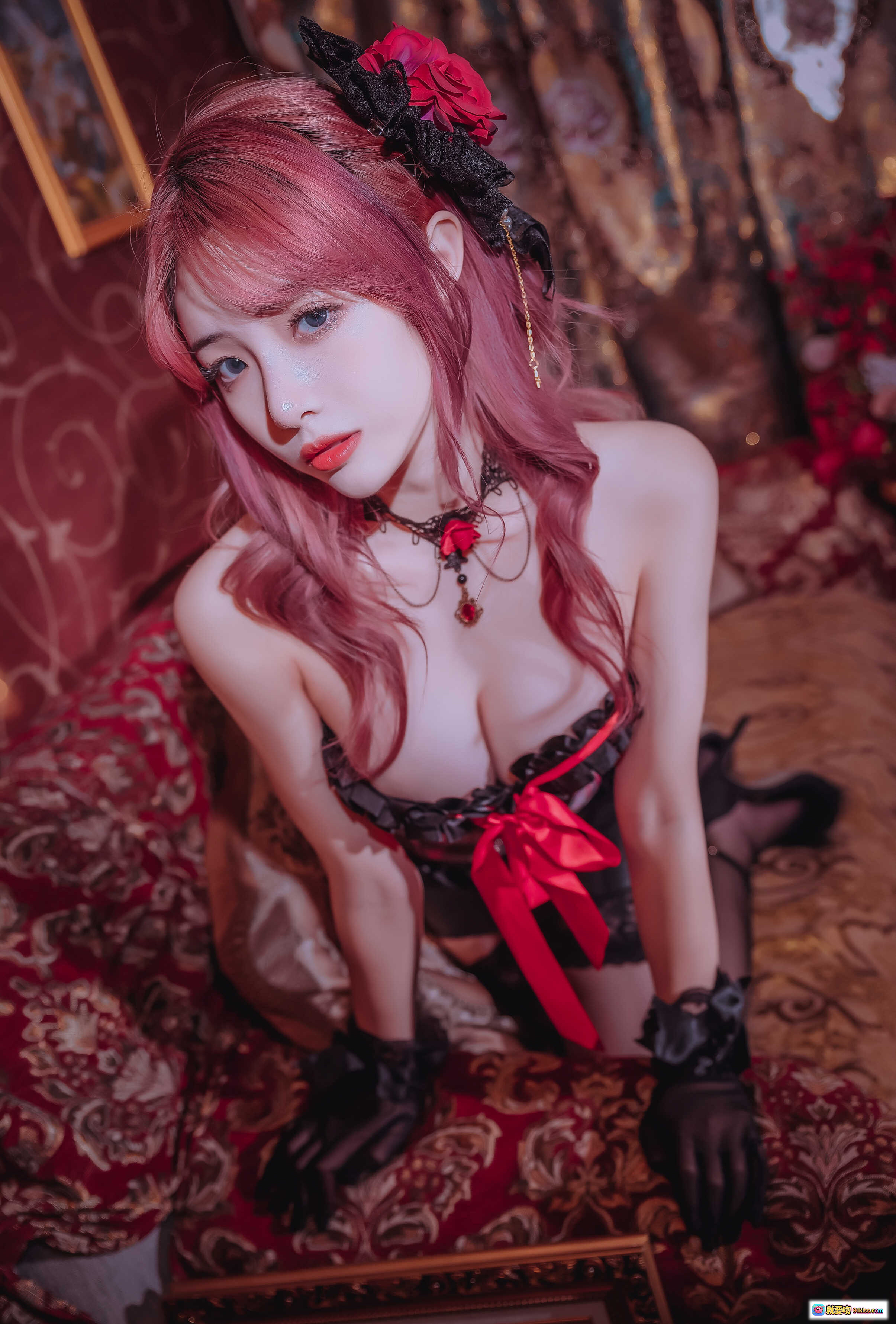 图片[7] - 雯妹不讲道理NO.036红黑格子洛丽塔写真 甜美粉发黑丝蕾丝吊带袜复古宫廷风9P高清图集 - 就要吻