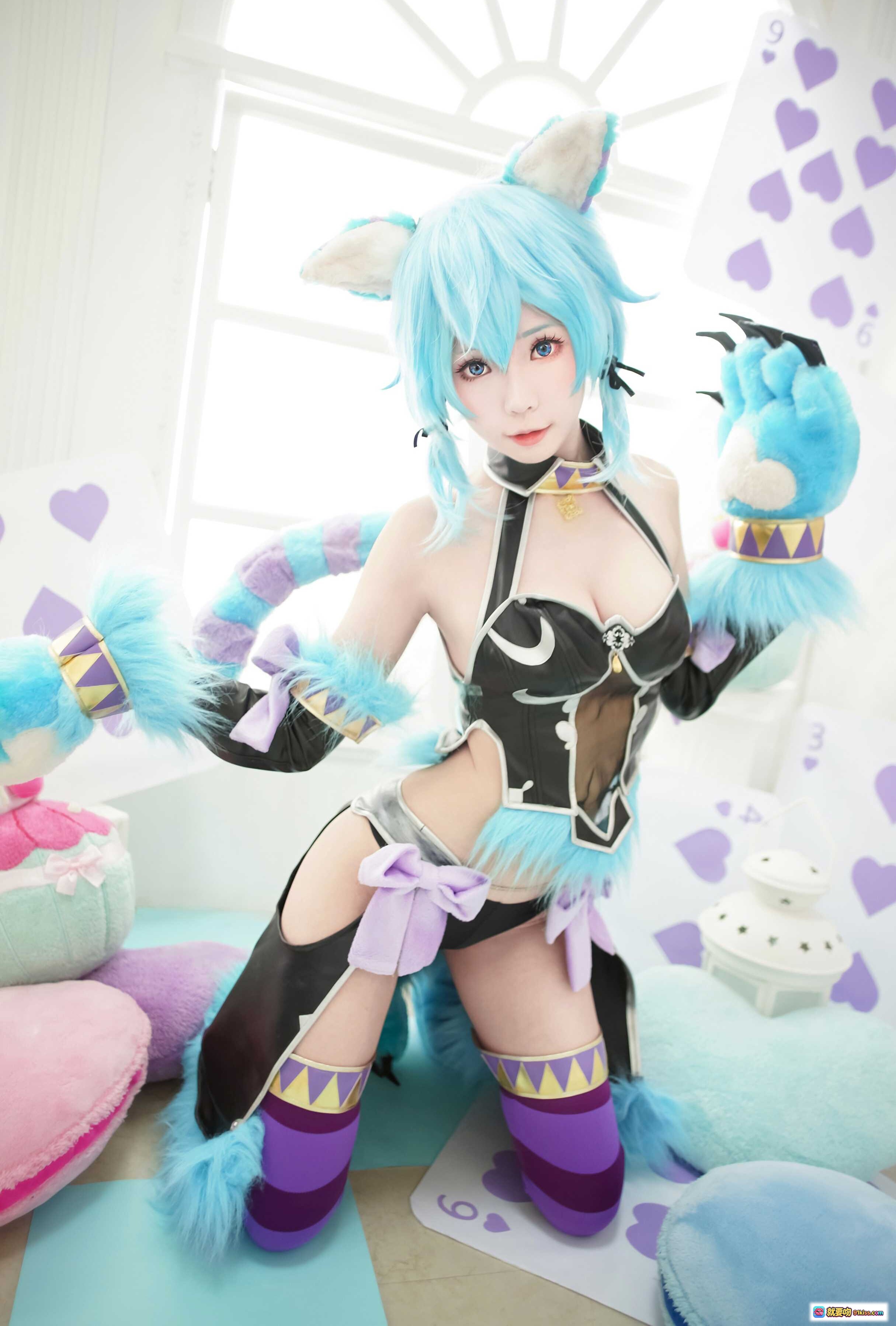 图片[5] - ElyEE子NO.017蓝发猫耳Cosplay写真｜精致妆容+毛绒爪套+可爱萌系风格 - 就要吻