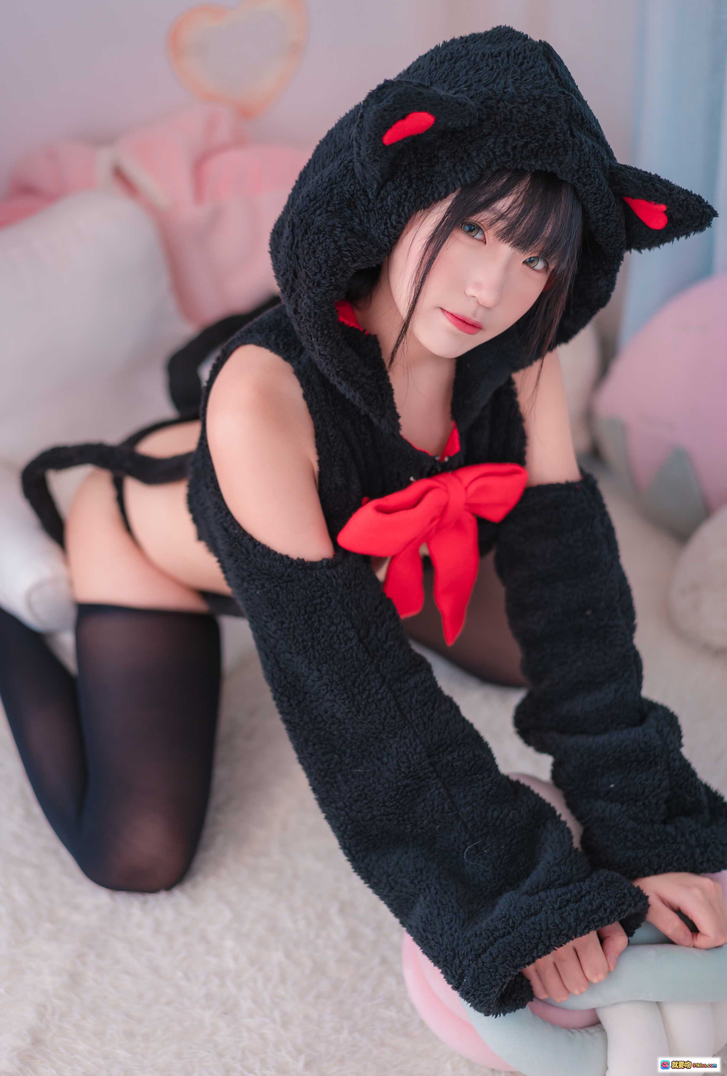 图片[7] - 弥美Mime NO.009 黑猫cosplay写真 甜萌少女红蝴蝶结猫耳连帽衫黑丝美腿22P高清图集 - 就要吻
