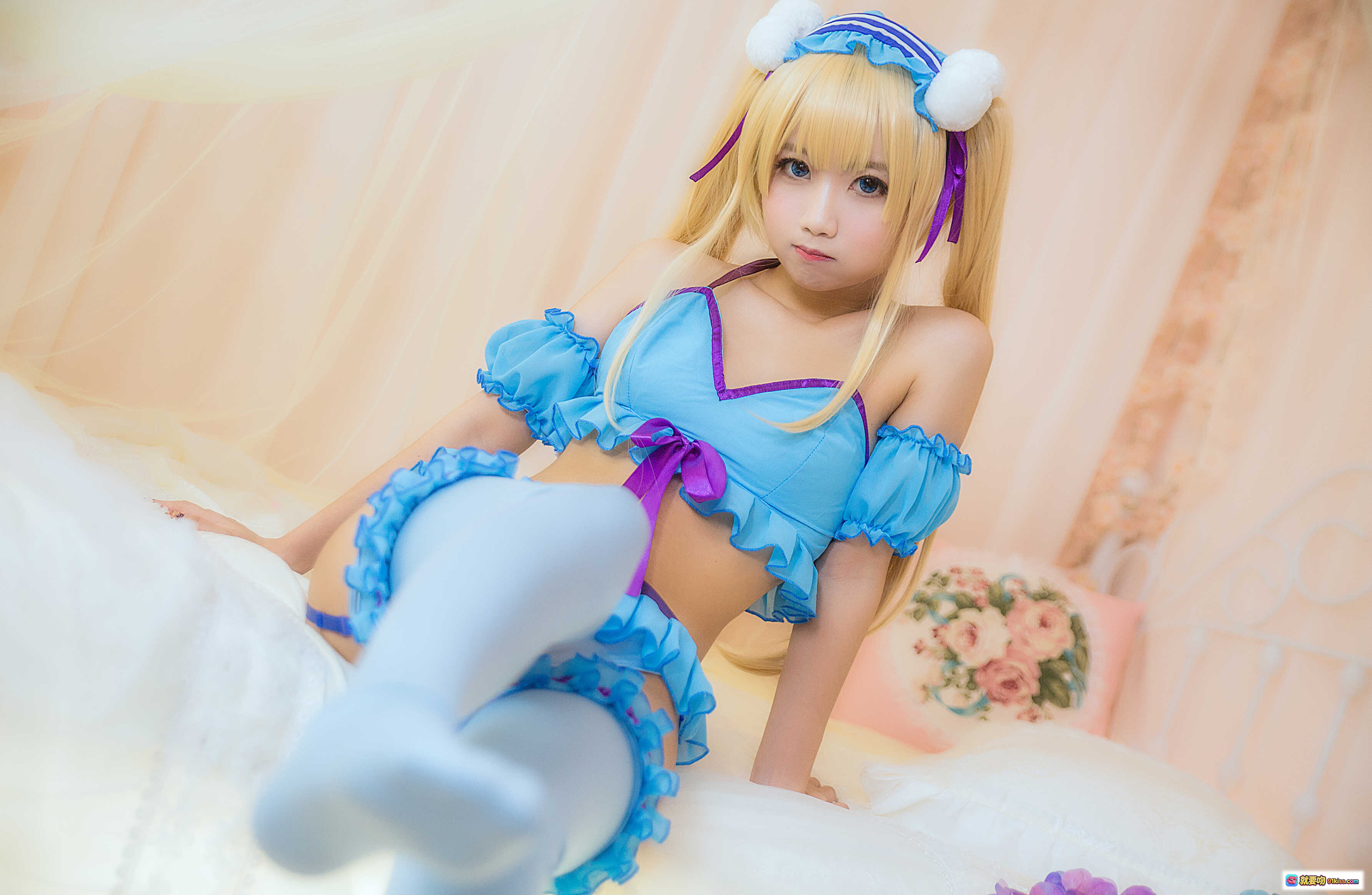 图片[2] - 鬼畜瑶NO.012睡衣写真 cosplay蓝紫少女风 14P高清美图 金发猫耳萌系造型 床上私房摄影 - 就要吻