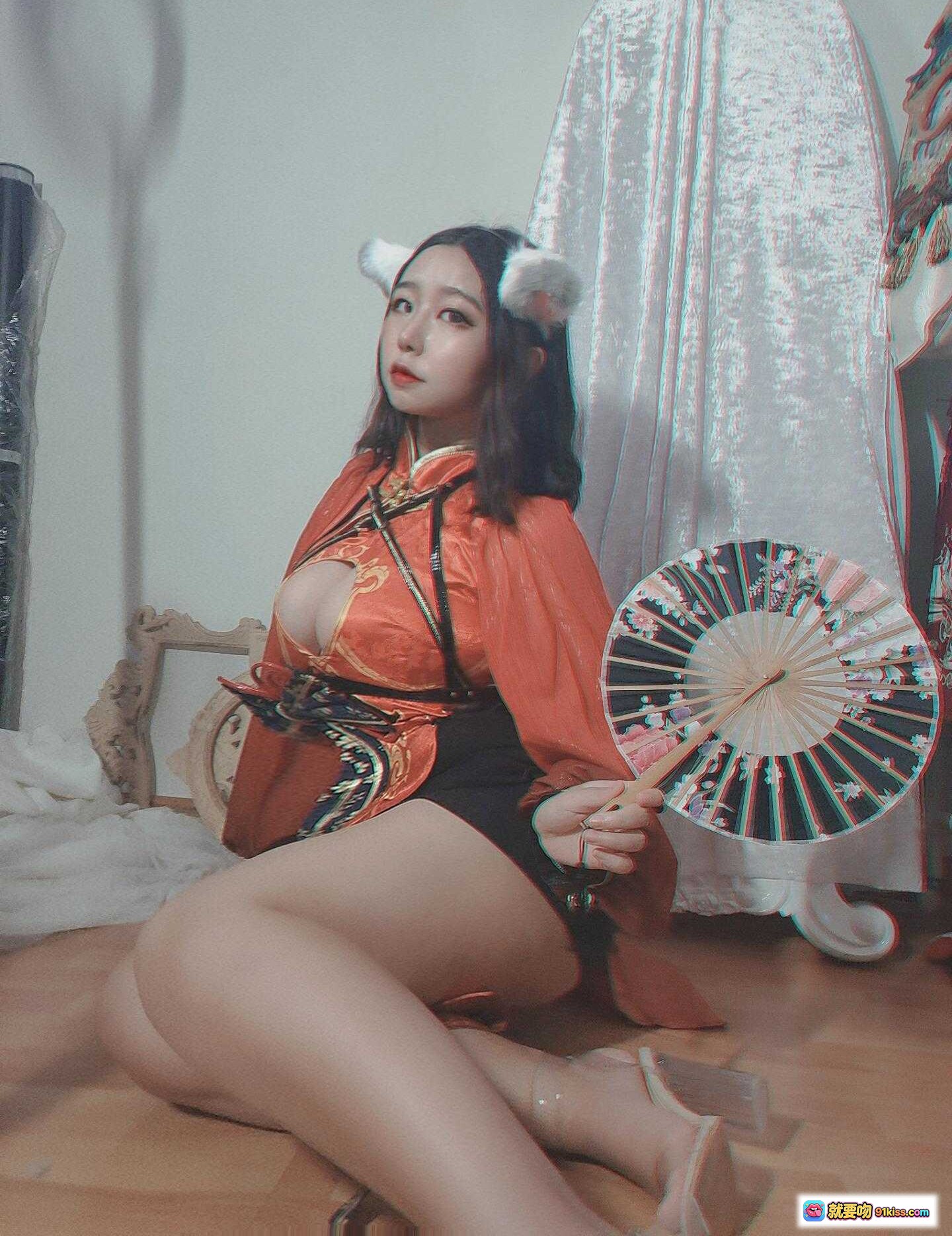 图片[7] - 穆零Mu0 NO.05 公孙离cosplay写真｜橙色古风服饰+猫耳发饰+手持折扇+性感美腿造型 - 就要吻