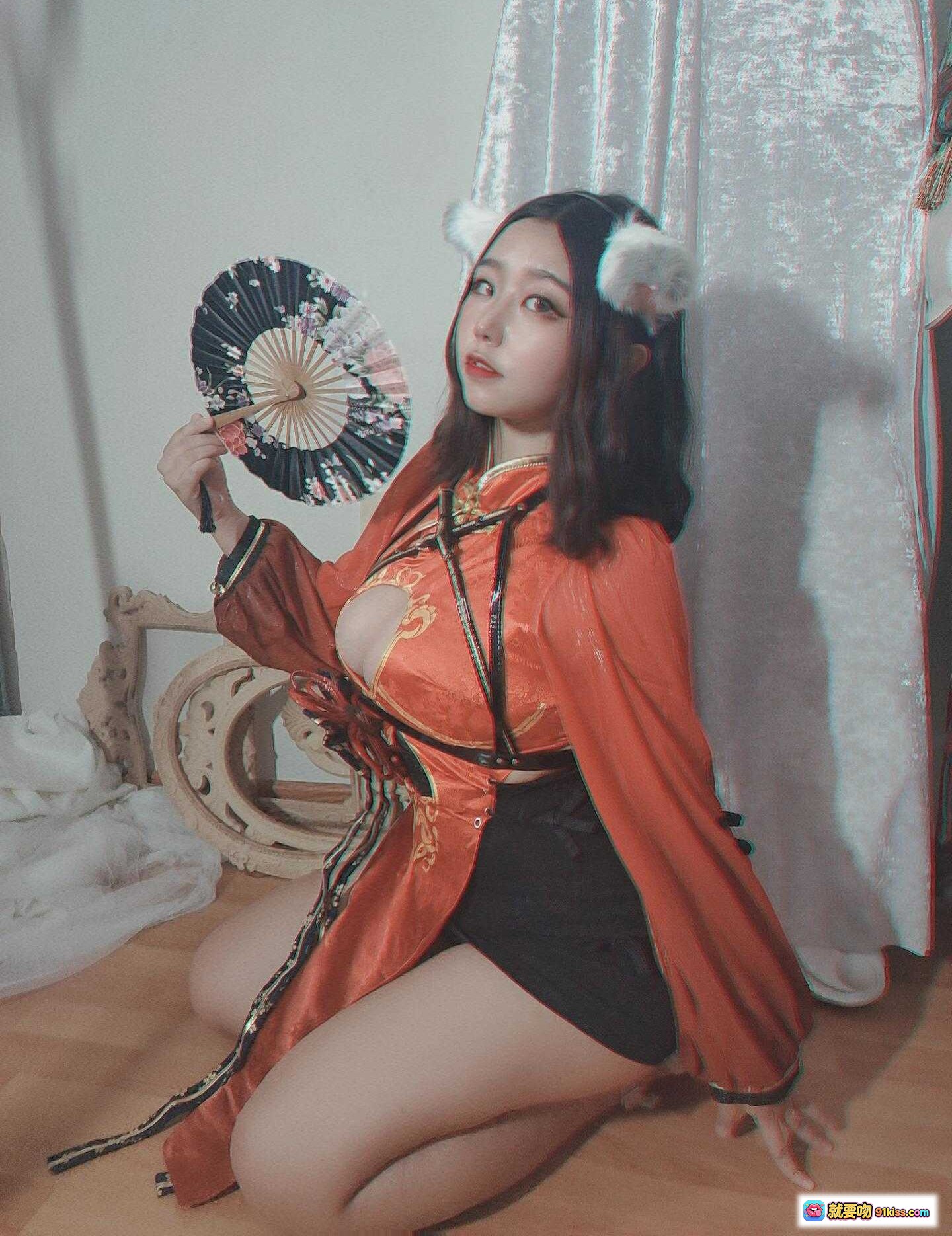 图片[4] - 穆零Mu0 NO.05 公孙离cosplay写真｜橙色古风服饰+猫耳发饰+手持折扇+性感美腿造型 - 就要吻