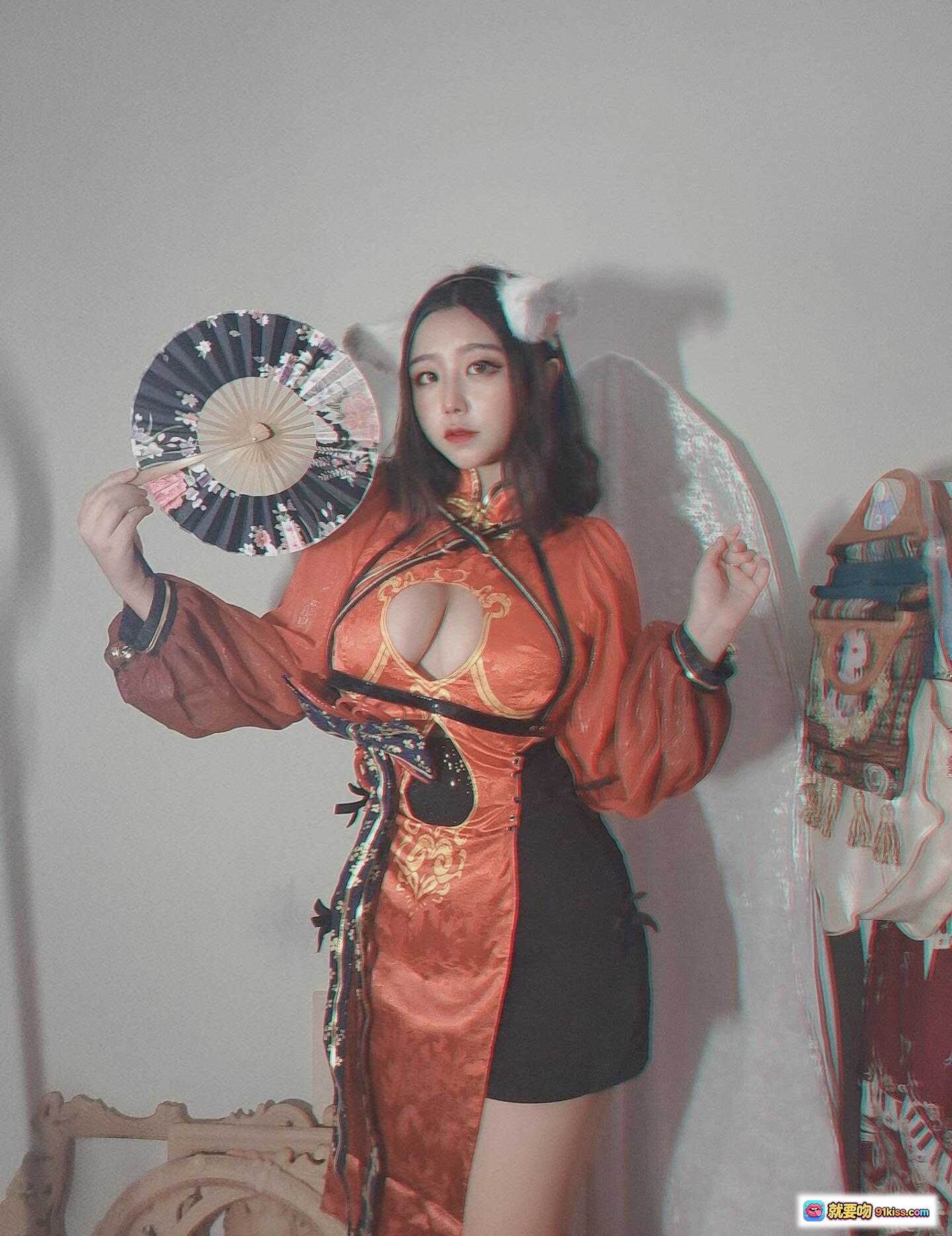 图片[5] - 穆零Mu0 NO.05 公孙离cosplay写真｜橙色古风服饰+猫耳发饰+手持折扇+性感美腿造型 - 就要吻