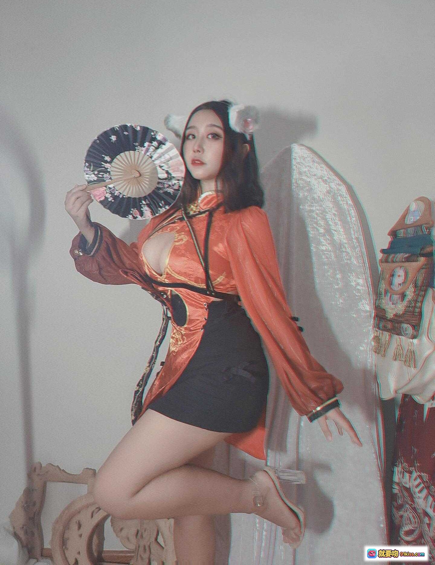 图片[2] - 穆零Mu0 NO.05 公孙离cosplay写真｜橙色古风服饰+猫耳发饰+手持折扇+性感美腿造型 - 就要吻